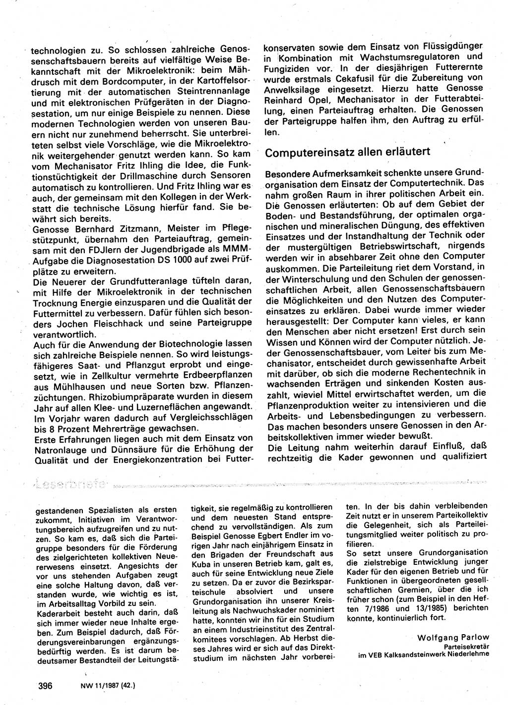 Neuer Weg (NW), Organ des Zentralkomitees (ZK) der SED (Sozialistische Einheitspartei Deutschlands) für Fragen des Parteilebens, 42. Jahrgang [Deutsche Demokratische Republik (DDR)] 1987, Seite 396 (NW ZK SED DDR 1987, S. 396)
