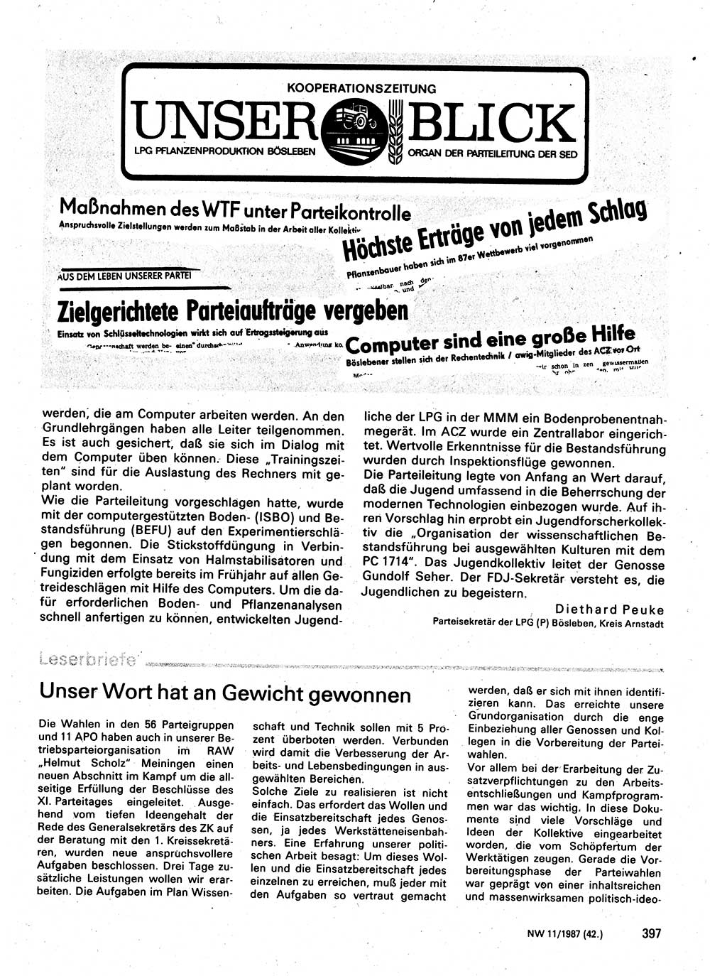 Neuer Weg (NW), Organ des Zentralkomitees (ZK) der SED (Sozialistische Einheitspartei Deutschlands) für Fragen des Parteilebens, 42. Jahrgang [Deutsche Demokratische Republik (DDR)] 1987, Seite 397 (NW ZK SED DDR 1987, S. 397)