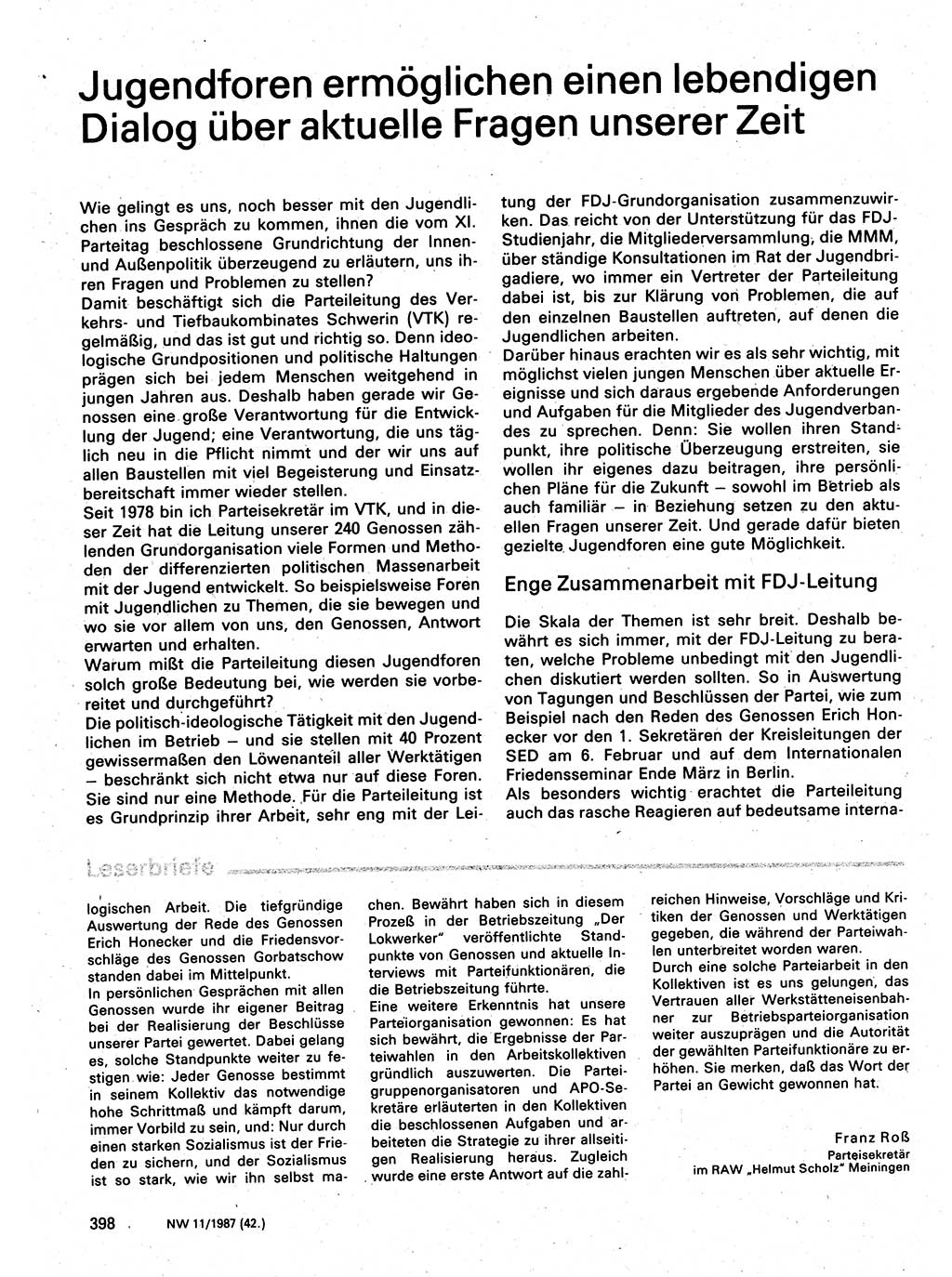 Neuer Weg (NW), Organ des Zentralkomitees (ZK) der SED (Sozialistische Einheitspartei Deutschlands) für Fragen des Parteilebens, 42. Jahrgang [Deutsche Demokratische Republik (DDR)] 1987, Seite 398 (NW ZK SED DDR 1987, S. 398)