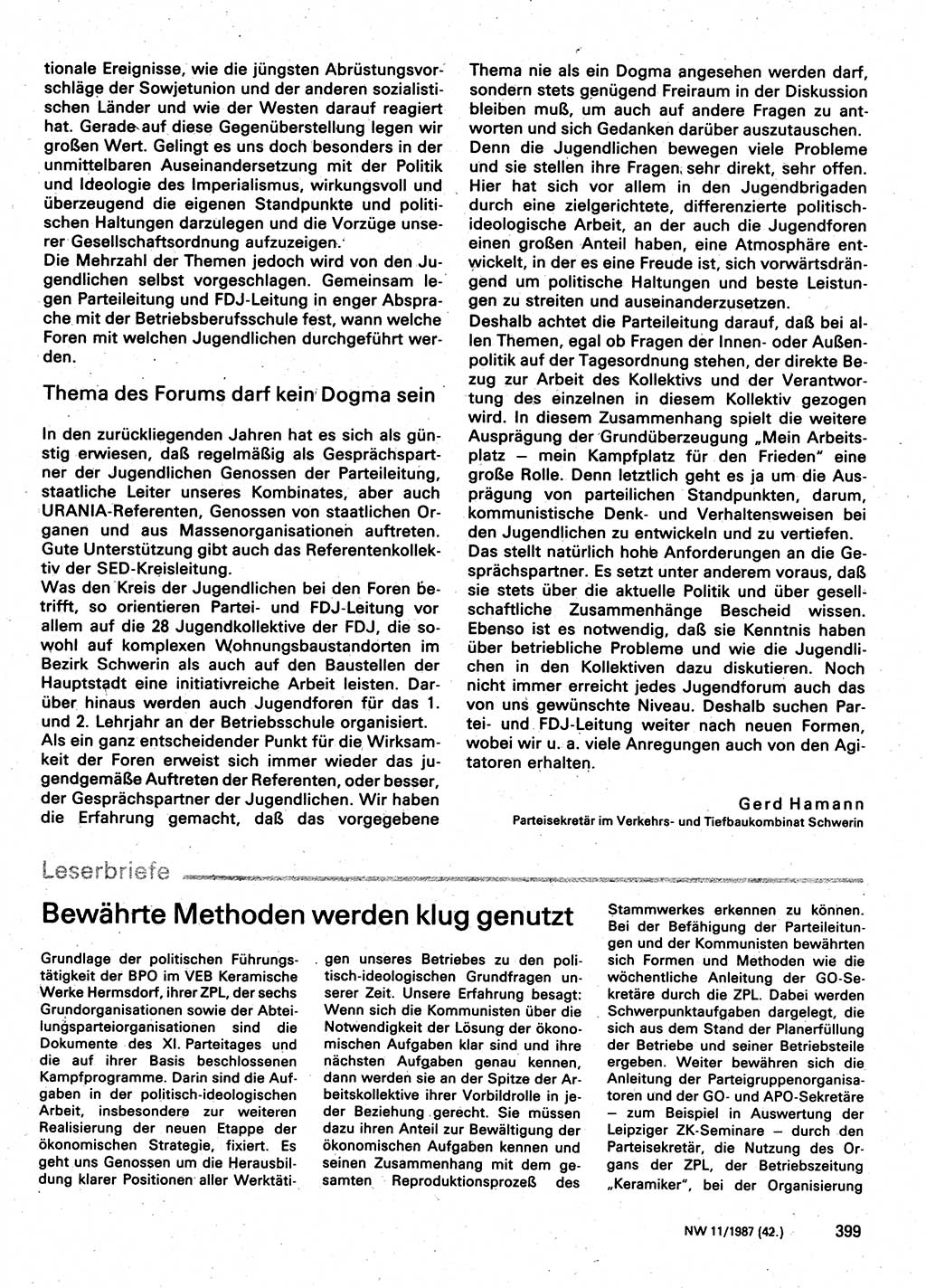 Neuer Weg (NW), Organ des Zentralkomitees (ZK) der SED (Sozialistische Einheitspartei Deutschlands) für Fragen des Parteilebens, 42. Jahrgang [Deutsche Demokratische Republik (DDR)] 1987, Seite 399 (NW ZK SED DDR 1987, S. 399)