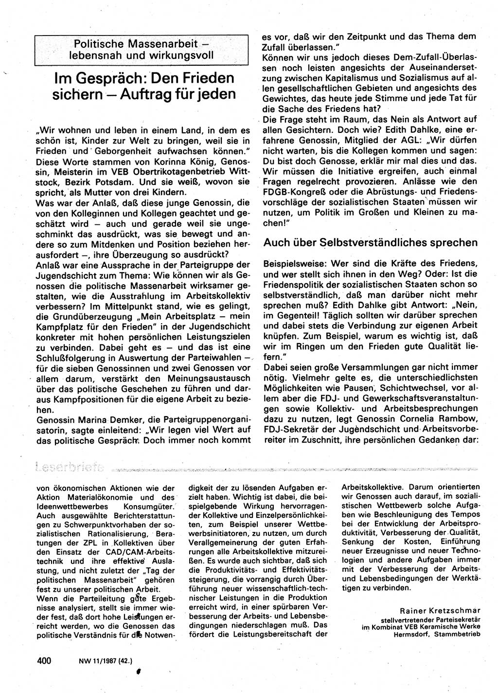 Neuer Weg (NW), Organ des Zentralkomitees (ZK) der SED (Sozialistische Einheitspartei Deutschlands) für Fragen des Parteilebens, 42. Jahrgang [Deutsche Demokratische Republik (DDR)] 1987, Seite 400 (NW ZK SED DDR 1987, S. 400)