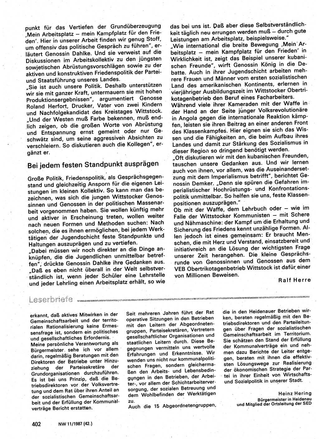 Neuer Weg (NW), Organ des Zentralkomitees (ZK) der SED (Sozialistische Einheitspartei Deutschlands) für Fragen des Parteilebens, 42. Jahrgang [Deutsche Demokratische Republik (DDR)] 1987, Seite 402 (NW ZK SED DDR 1987, S. 402)