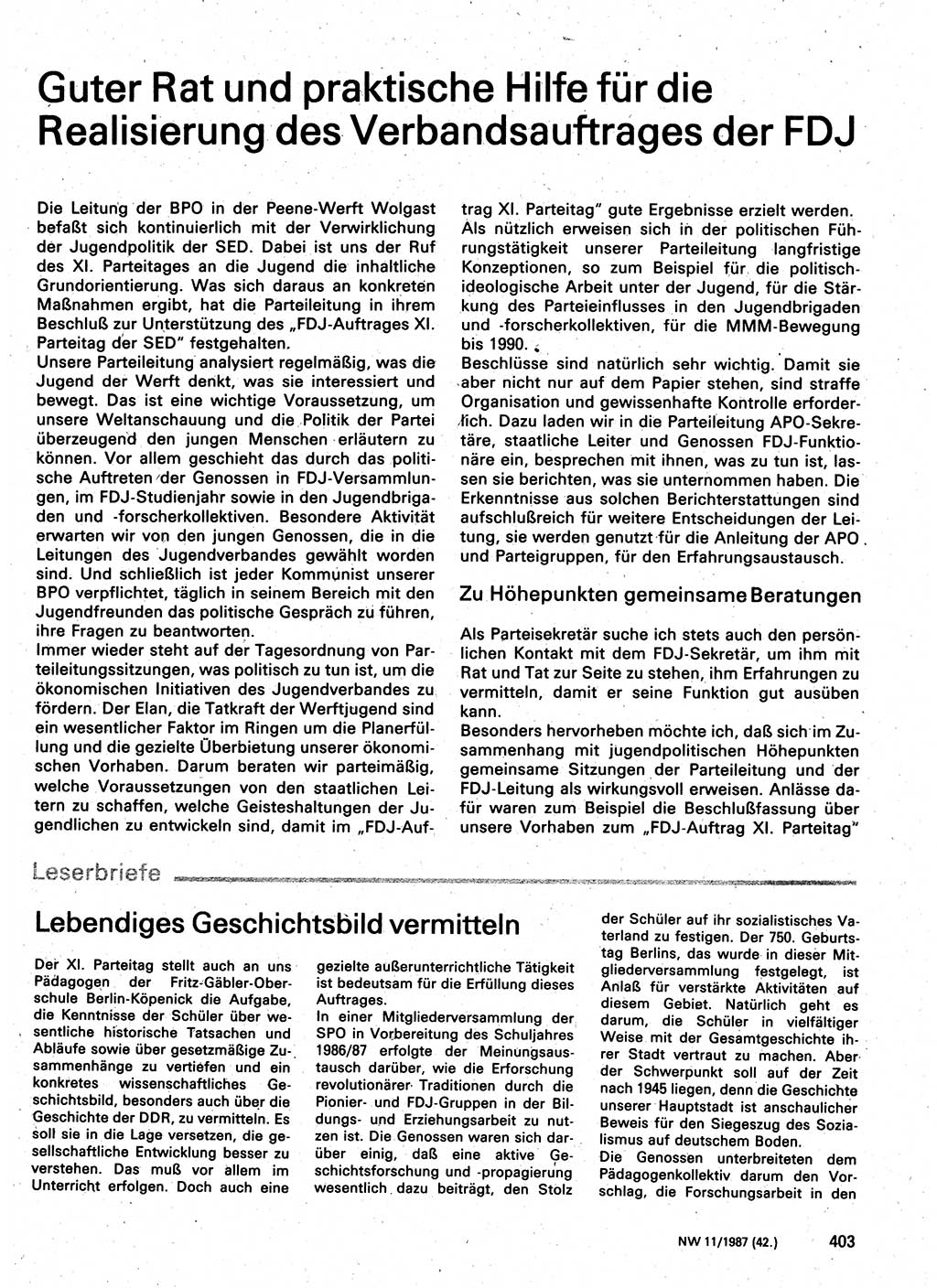 Neuer Weg (NW), Organ des Zentralkomitees (ZK) der SED (Sozialistische Einheitspartei Deutschlands) für Fragen des Parteilebens, 42. Jahrgang [Deutsche Demokratische Republik (DDR)] 1987, Seite 403 (NW ZK SED DDR 1987, S. 403)