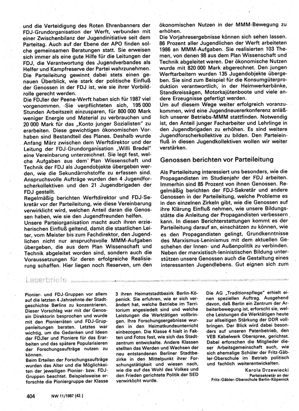 Neuer Weg (NW), Organ des Zentralkomitees (ZK) der SED (Sozialistische Einheitspartei Deutschlands) für Fragen des Parteilebens, 42. Jahrgang [Deutsche Demokratische Republik (DDR)] 1987, Seite 404 (NW ZK SED DDR 1987, S. 404)