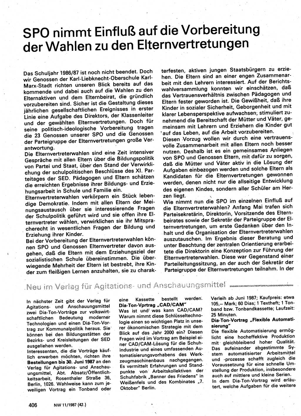 Neuer Weg (NW), Organ des Zentralkomitees (ZK) der SED (Sozialistische Einheitspartei Deutschlands) für Fragen des Parteilebens, 42. Jahrgang [Deutsche Demokratische Republik (DDR)] 1987, Seite 406 (NW ZK SED DDR 1987, S. 406)