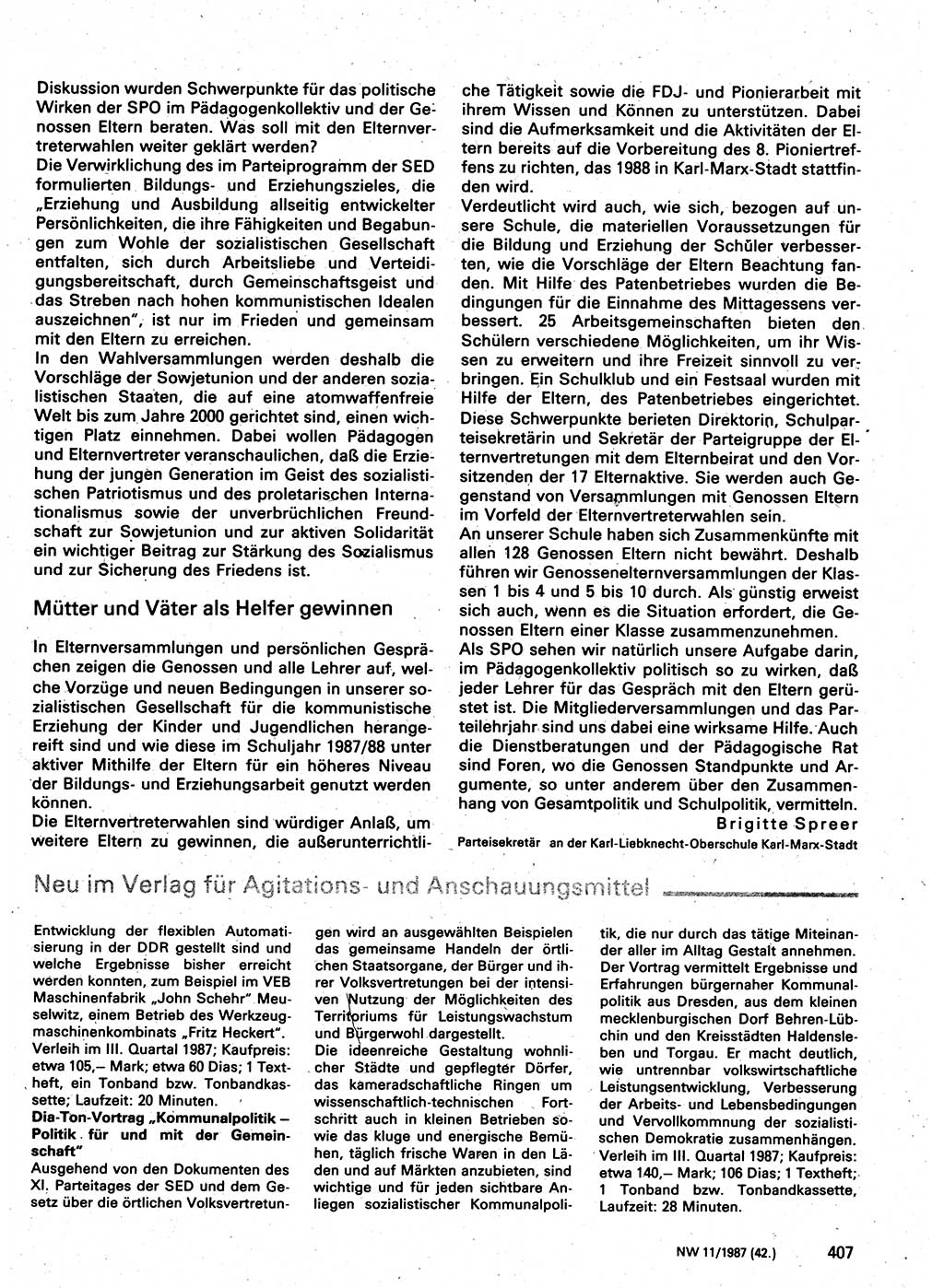 Neuer Weg (NW), Organ des Zentralkomitees (ZK) der SED (Sozialistische Einheitspartei Deutschlands) für Fragen des Parteilebens, 42. Jahrgang [Deutsche Demokratische Republik (DDR)] 1987, Seite 407 (NW ZK SED DDR 1987, S. 407)