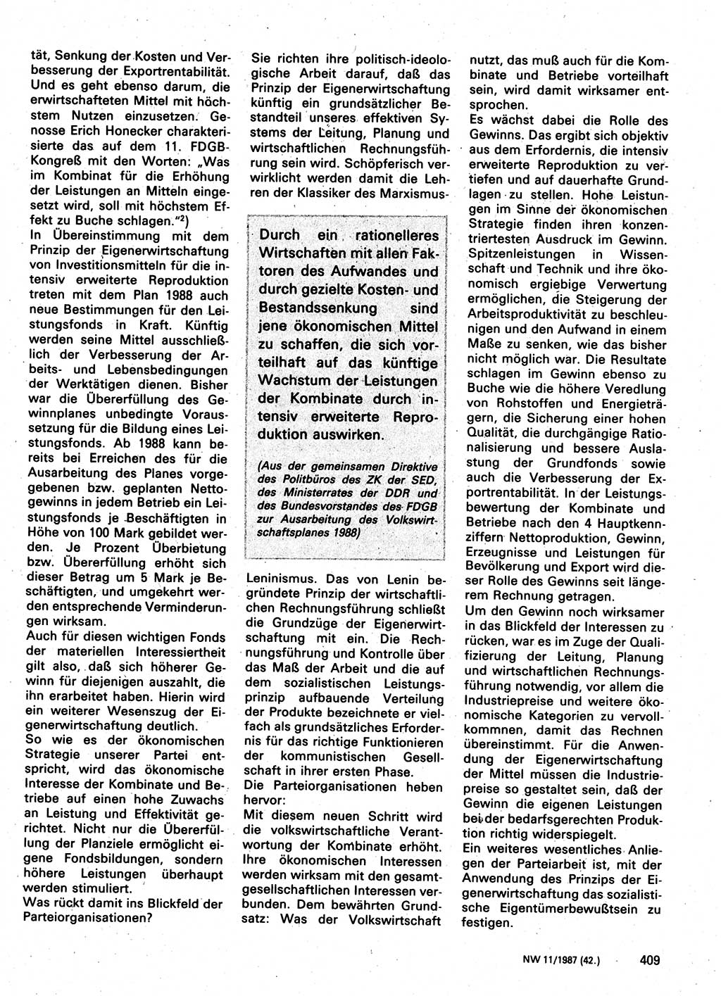 Neuer Weg (NW), Organ des Zentralkomitees (ZK) der SED (Sozialistische Einheitspartei Deutschlands) für Fragen des Parteilebens, 42. Jahrgang [Deutsche Demokratische Republik (DDR)] 1987, Seite 409 (NW ZK SED DDR 1987, S. 409)
