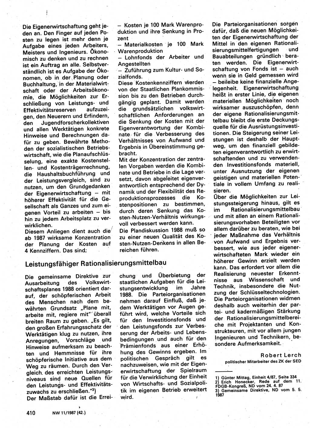 Neuer Weg (NW), Organ des Zentralkomitees (ZK) der SED (Sozialistische Einheitspartei Deutschlands) für Fragen des Parteilebens, 42. Jahrgang [Deutsche Demokratische Republik (DDR)] 1987, Seite 410 (NW ZK SED DDR 1987, S. 410)