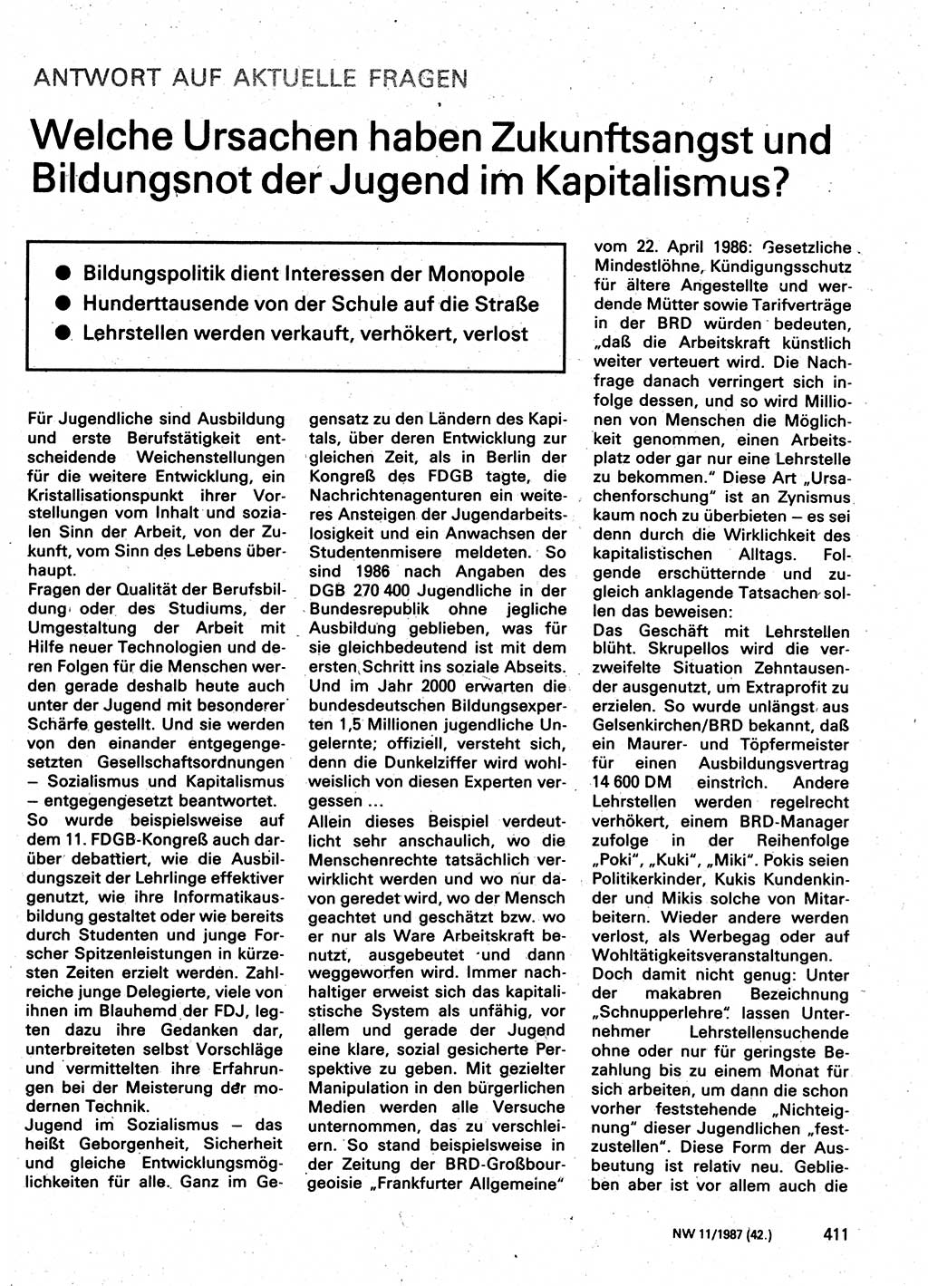 Neuer Weg (NW), Organ des Zentralkomitees (ZK) der SED (Sozialistische Einheitspartei Deutschlands) für Fragen des Parteilebens, 42. Jahrgang [Deutsche Demokratische Republik (DDR)] 1987, Seite 411 (NW ZK SED DDR 1987, S. 411)
