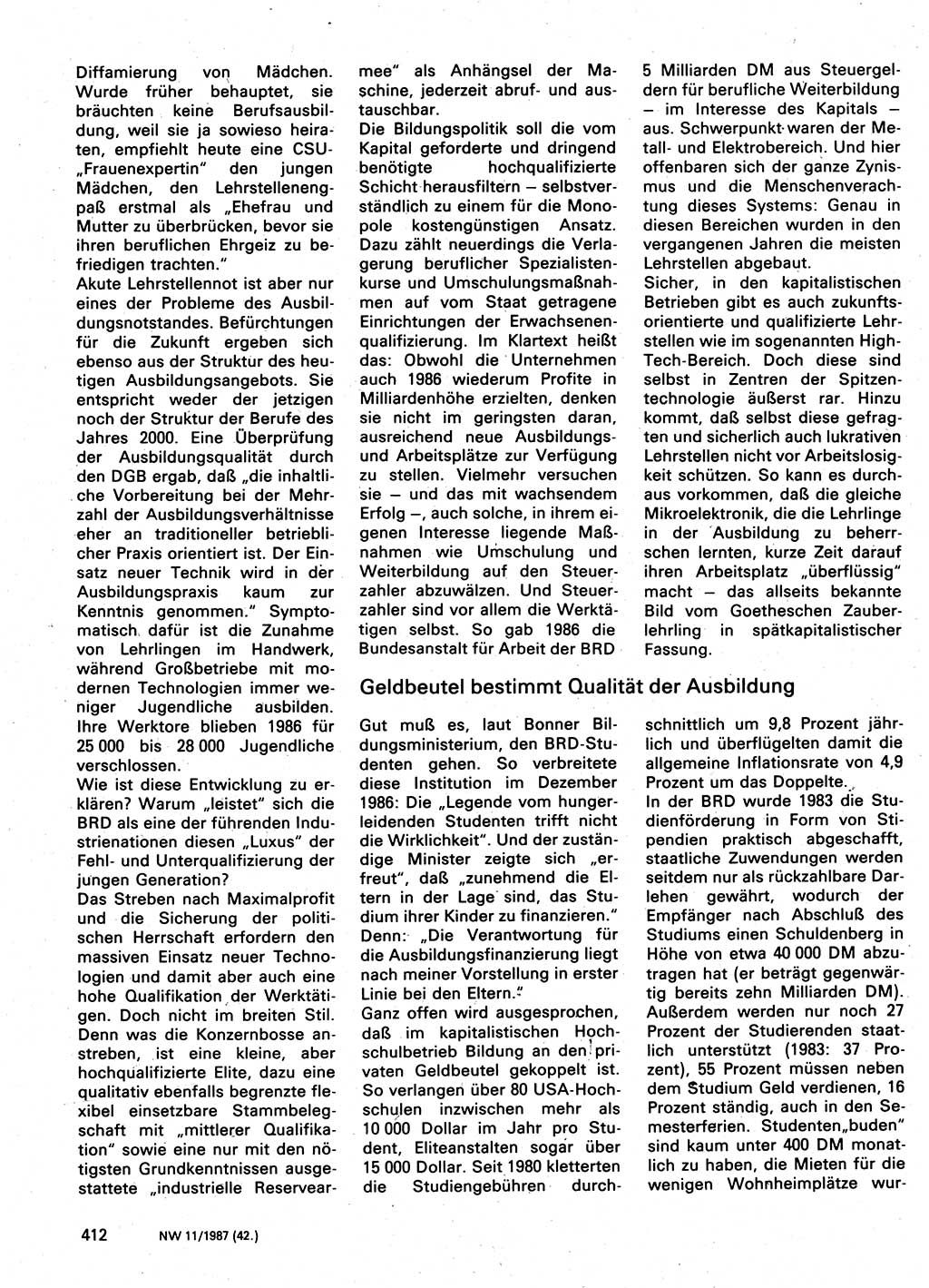 Neuer Weg (NW), Organ des Zentralkomitees (ZK) der SED (Sozialistische Einheitspartei Deutschlands) für Fragen des Parteilebens, 42. Jahrgang [Deutsche Demokratische Republik (DDR)] 1987, Seite 412 (NW ZK SED DDR 1987, S. 412)
