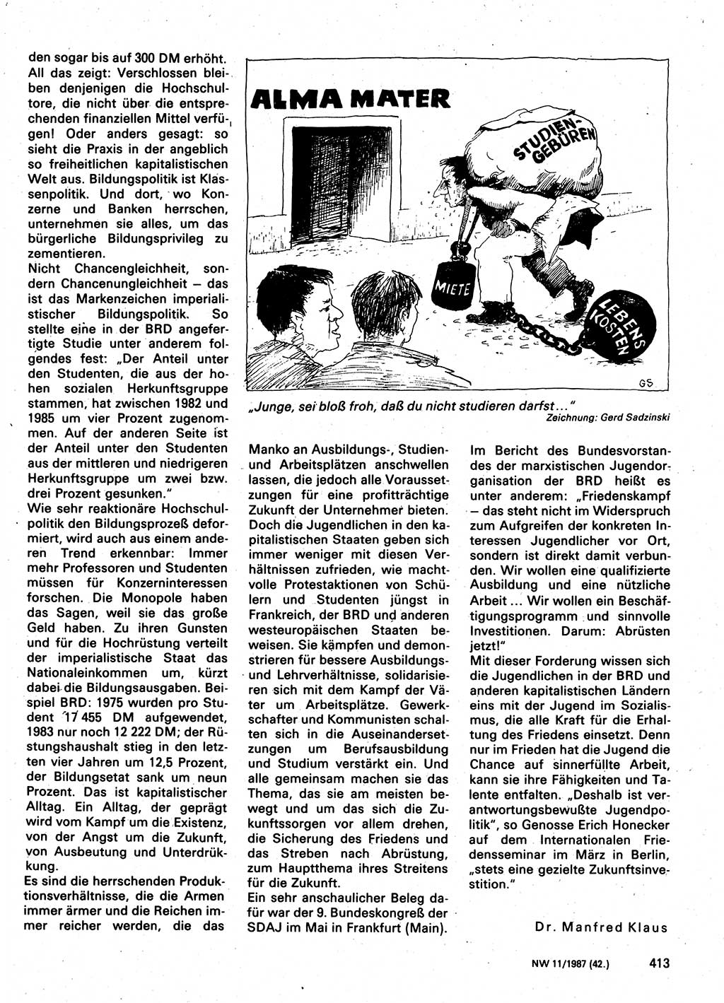 Neuer Weg (NW), Organ des Zentralkomitees (ZK) der SED (Sozialistische Einheitspartei Deutschlands) fÃ¼r Fragen des Parteilebens, 42. Jahrgang [Deutsche Demokratische Republik (DDR)] 1987, Seite 413 (NW ZK SED DDR 1987, S. 413)