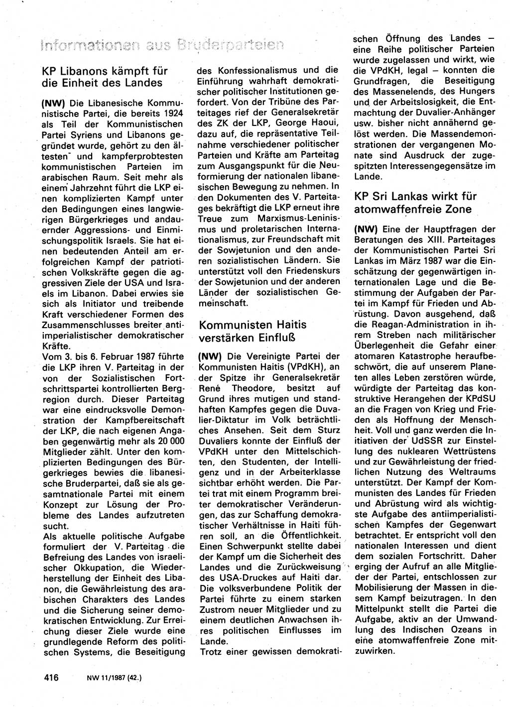 Neuer Weg (NW), Organ des Zentralkomitees (ZK) der SED (Sozialistische Einheitspartei Deutschlands) für Fragen des Parteilebens, 42. Jahrgang [Deutsche Demokratische Republik (DDR)] 1987, Seite 416 (NW ZK SED DDR 1987, S. 416)