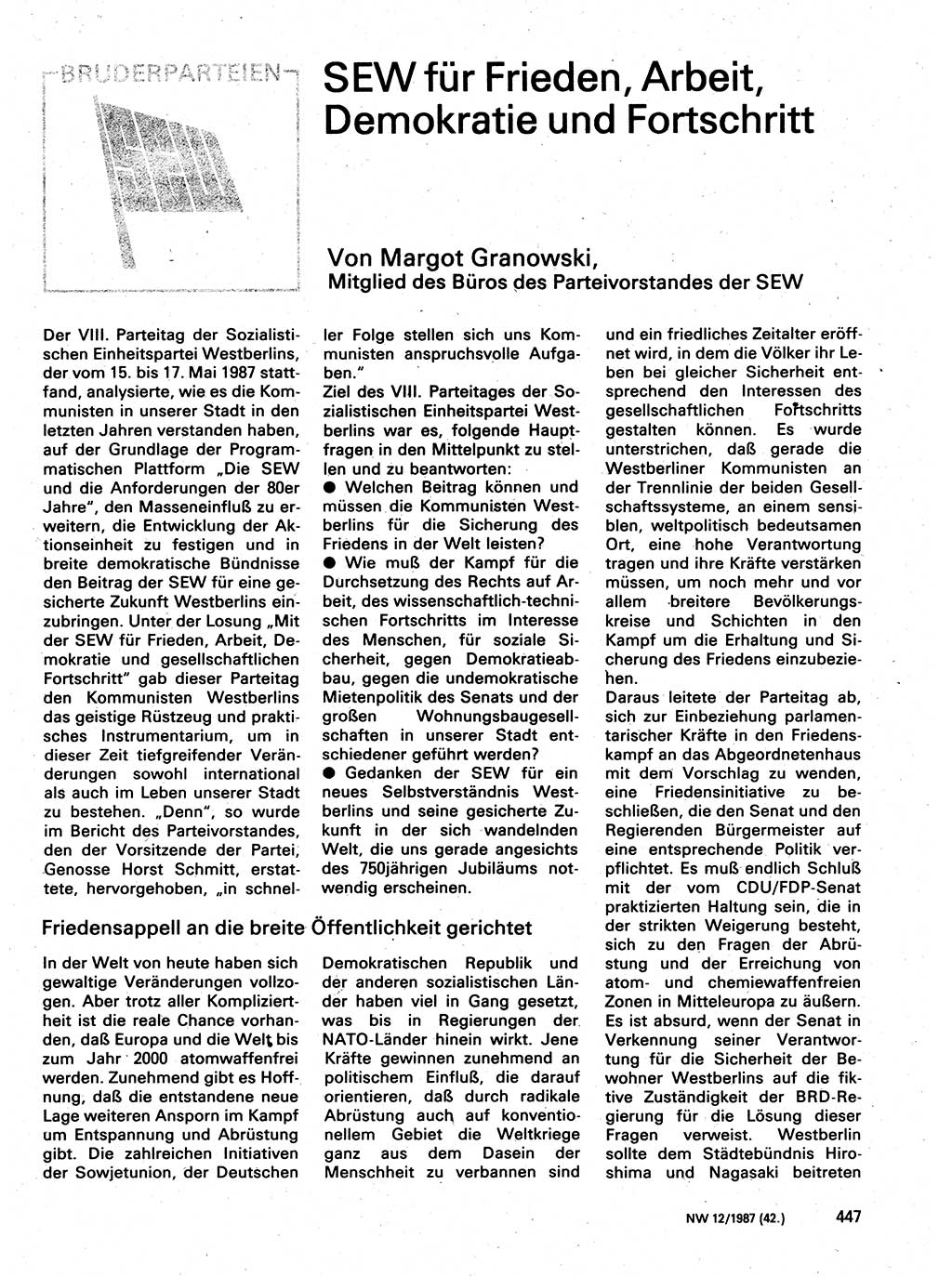 Neuer Weg (NW), Organ des Zentralkomitees (ZK) der SED (Sozialistische Einheitspartei Deutschlands) für Fragen des Parteilebens, 42. Jahrgang [Deutsche Demokratische Republik (DDR)] 1987, Seite 418 (NW ZK SED DDR 1987, S. 418)