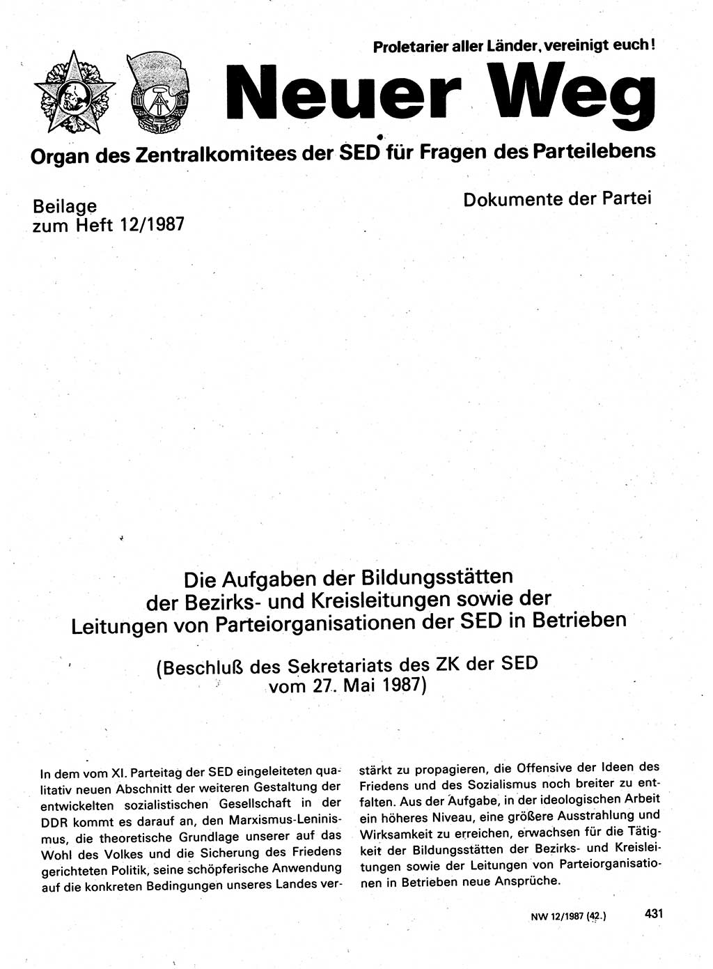 Neuer Weg (NW), Organ des Zentralkomitees (ZK) der SED (Sozialistische Einheitspartei Deutschlands) für Fragen des Parteilebens, 42. Jahrgang [Deutsche Demokratische Republik (DDR)] 1987, Seite 434 (NW ZK SED DDR 1987, S. 434)