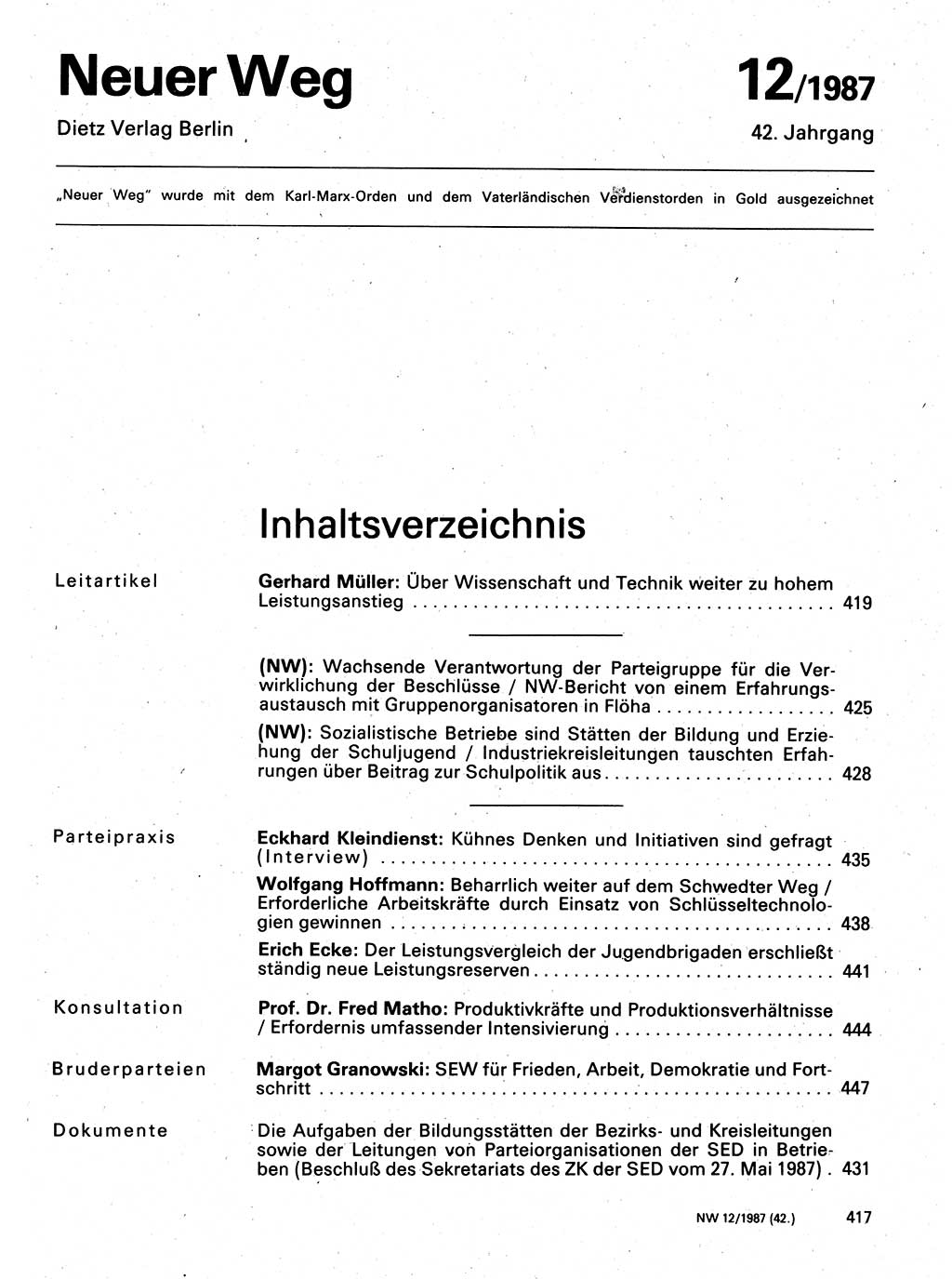 Neuer Weg (NW), Organ des Zentralkomitees (ZK) der SED (Sozialistische Einheitspartei Deutschlands) für Fragen des Parteilebens, 42. Jahrgang [Deutsche Demokratische Republik (DDR)] 1987, Seite 448 (NW ZK SED DDR 1987, S. 448)