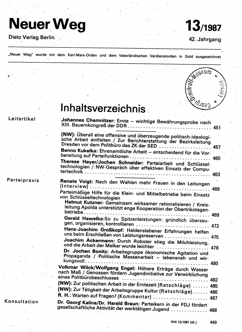 Neuer Weg (NW), Organ des Zentralkomitees (ZK) der SED (Sozialistische Einheitspartei Deutschlands) für Fragen des Parteilebens, 42. Jahrgang [Deutsche Demokratische Republik (DDR)] 1987, Seite 449 (NW ZK SED DDR 1987, S. 449)