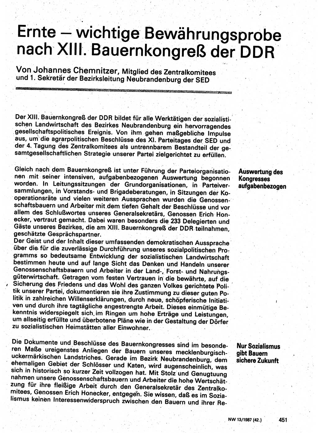 Neuer Weg (NW), Organ des Zentralkomitees (ZK) der SED (Sozialistische Einheitspartei Deutschlands) für Fragen des Parteilebens, 42. Jahrgang [Deutsche Demokratische Republik (DDR)] 1987, Seite 451 (NW ZK SED DDR 1987, S. 451)