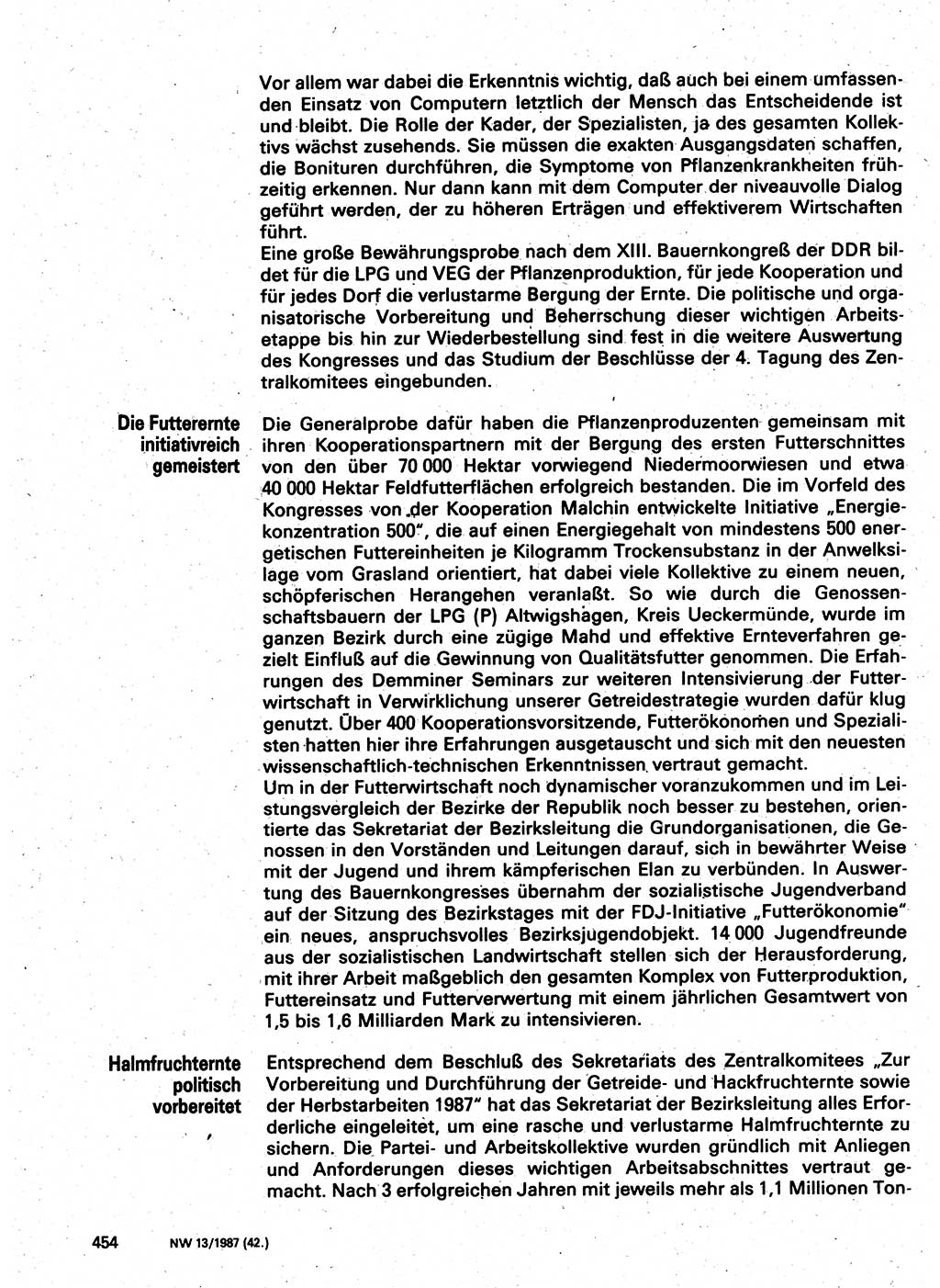 Neuer Weg (NW), Organ des Zentralkomitees (ZK) der SED (Sozialistische Einheitspartei Deutschlands) für Fragen des Parteilebens, 42. Jahrgang [Deutsche Demokratische Republik (DDR)] 1987, Seite 454 (NW ZK SED DDR 1987, S. 454)