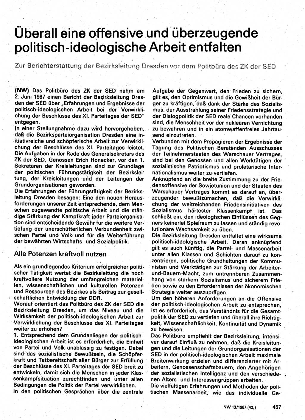 Neuer Weg (NW), Organ des Zentralkomitees (ZK) der SED (Sozialistische Einheitspartei Deutschlands) für Fragen des Parteilebens, 42. Jahrgang [Deutsche Demokratische Republik (DDR)] 1987, Seite 457 (NW ZK SED DDR 1987, S. 457)