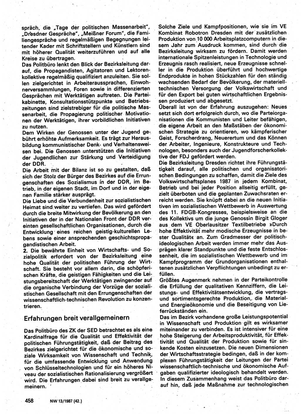 Neuer Weg (NW), Organ des Zentralkomitees (ZK) der SED (Sozialistische Einheitspartei Deutschlands) für Fragen des Parteilebens, 42. Jahrgang [Deutsche Demokratische Republik (DDR)] 1987, Seite 458 (NW ZK SED DDR 1987, S. 458)