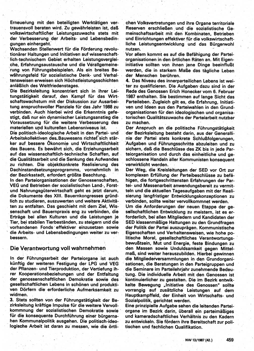 Neuer Weg (NW), Organ des Zentralkomitees (ZK) der SED (Sozialistische Einheitspartei Deutschlands) für Fragen des Parteilebens, 42. Jahrgang [Deutsche Demokratische Republik (DDR)] 1987, Seite 459 (NW ZK SED DDR 1987, S. 459)