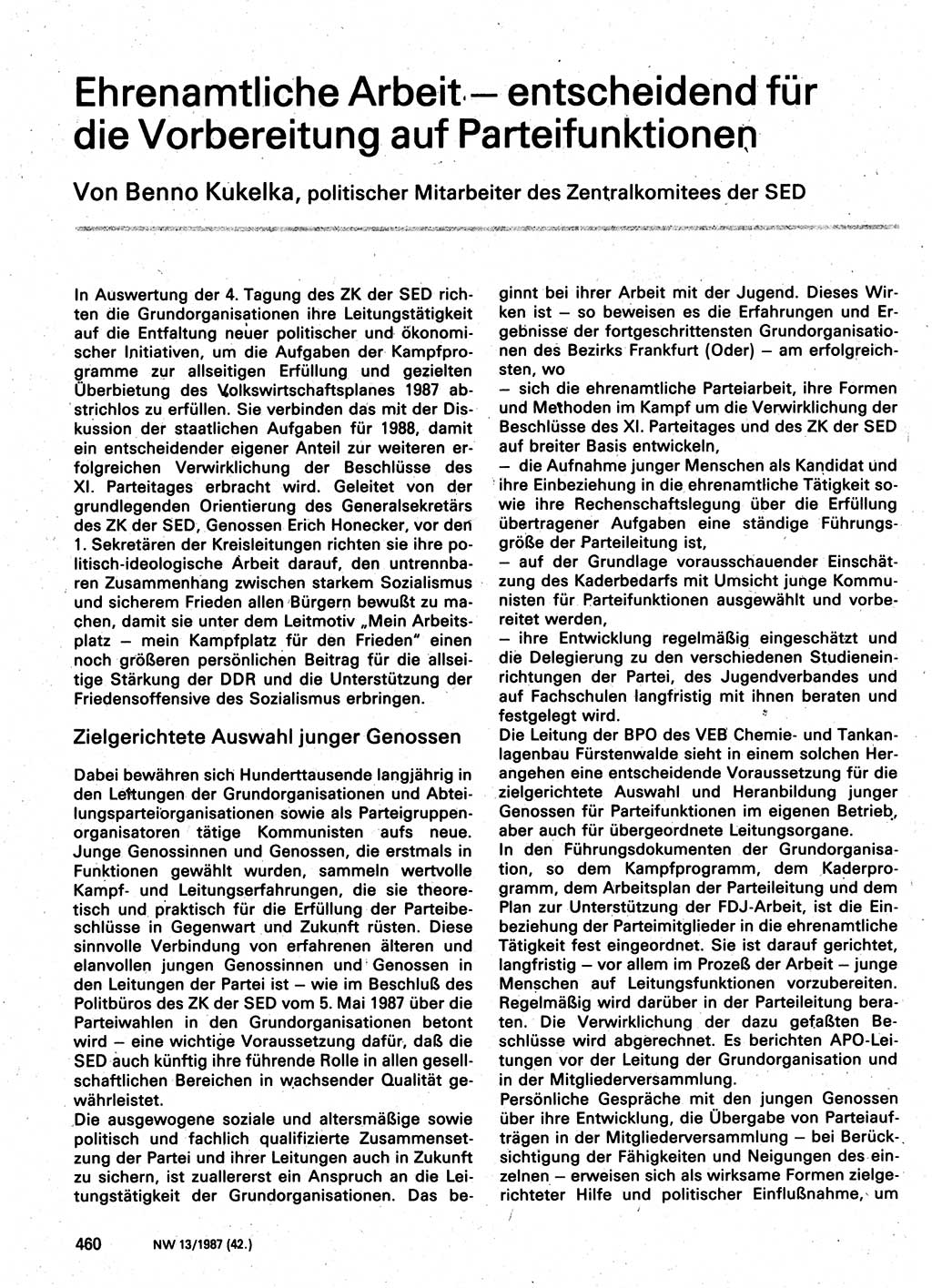 Neuer Weg (NW), Organ des Zentralkomitees (ZK) der SED (Sozialistische Einheitspartei Deutschlands) für Fragen des Parteilebens, 42. Jahrgang [Deutsche Demokratische Republik (DDR)] 1987, Seite 460 (NW ZK SED DDR 1987, S. 460)