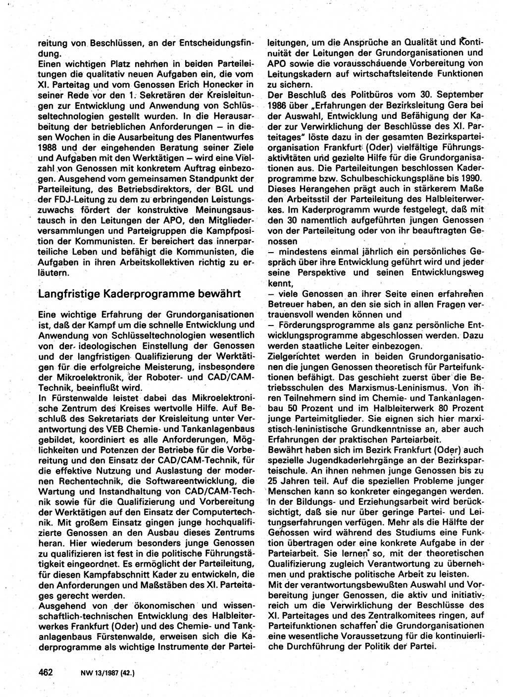 Neuer Weg (NW), Organ des Zentralkomitees (ZK) der SED (Sozialistische Einheitspartei Deutschlands) für Fragen des Parteilebens, 42. Jahrgang [Deutsche Demokratische Republik (DDR)] 1987, Seite 462 (NW ZK SED DDR 1987, S. 462)