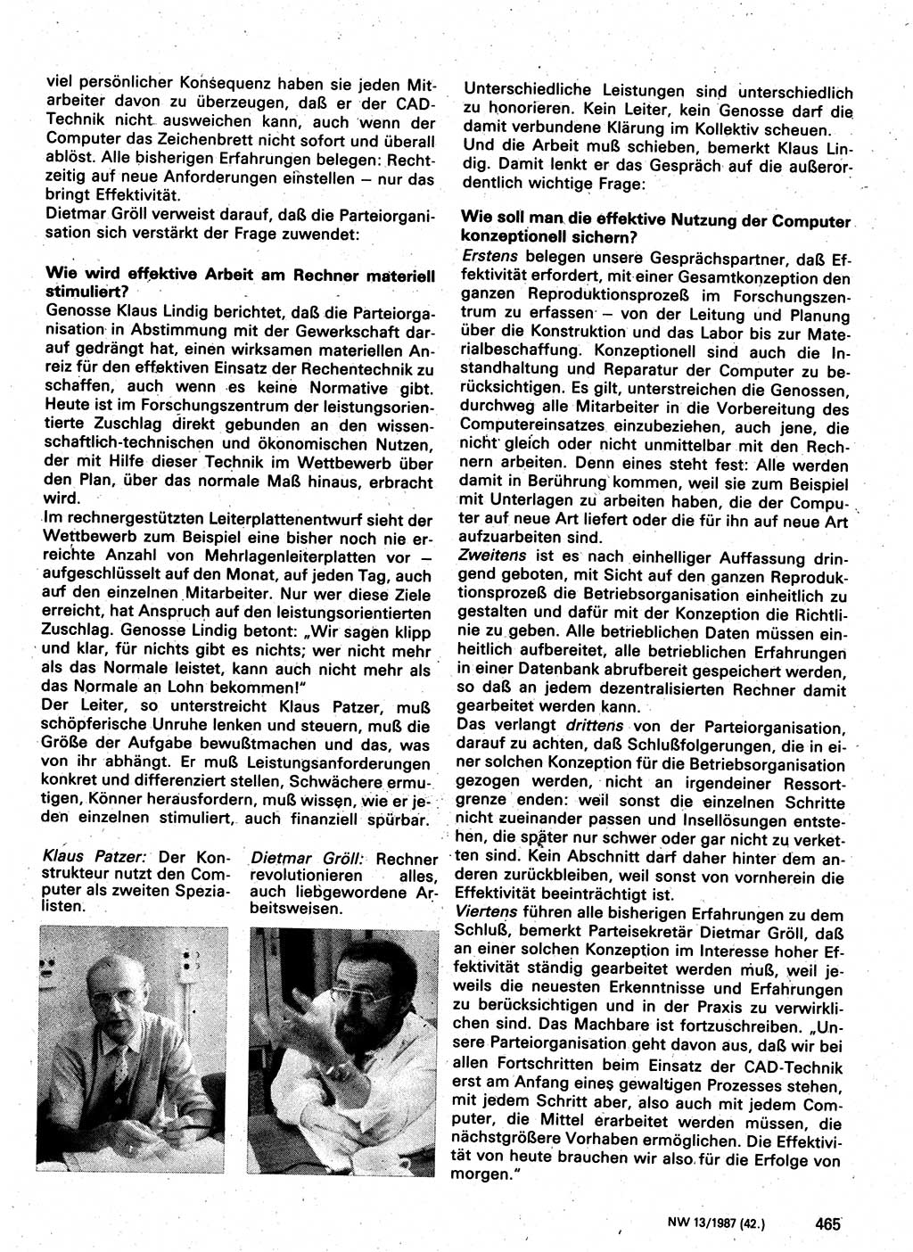 Neuer Weg (NW), Organ des Zentralkomitees (ZK) der SED (Sozialistische Einheitspartei Deutschlands) für Fragen des Parteilebens, 42. Jahrgang [Deutsche Demokratische Republik (DDR)] 1987, Seite 465 (NW ZK SED DDR 1987, S. 465)