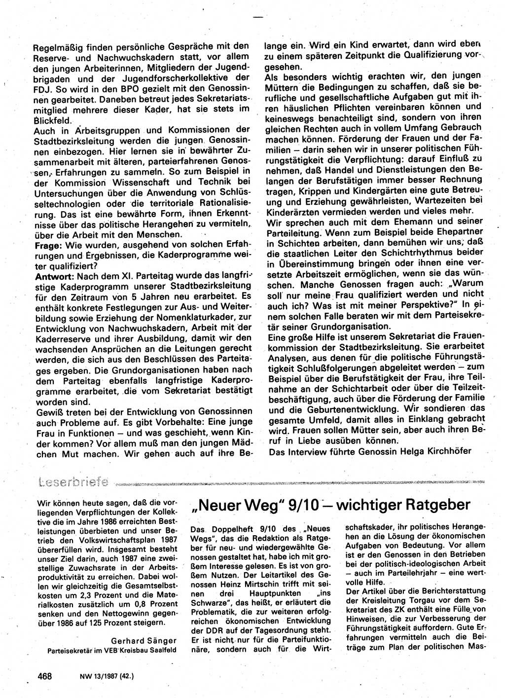 Neuer Weg (NW), Organ des Zentralkomitees (ZK) der SED (Sozialistische Einheitspartei Deutschlands) für Fragen des Parteilebens, 42. Jahrgang [Deutsche Demokratische Republik (DDR)] 1987, Seite 468 (NW ZK SED DDR 1987, S. 468)