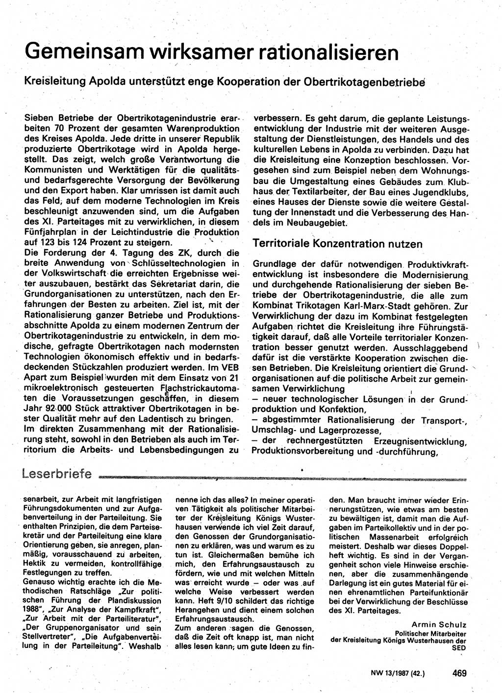 Neuer Weg (NW), Organ des Zentralkomitees (ZK) der SED (Sozialistische Einheitspartei Deutschlands) für Fragen des Parteilebens, 42. Jahrgang [Deutsche Demokratische Republik (DDR)] 1987, Seite 469 (NW ZK SED DDR 1987, S. 469)