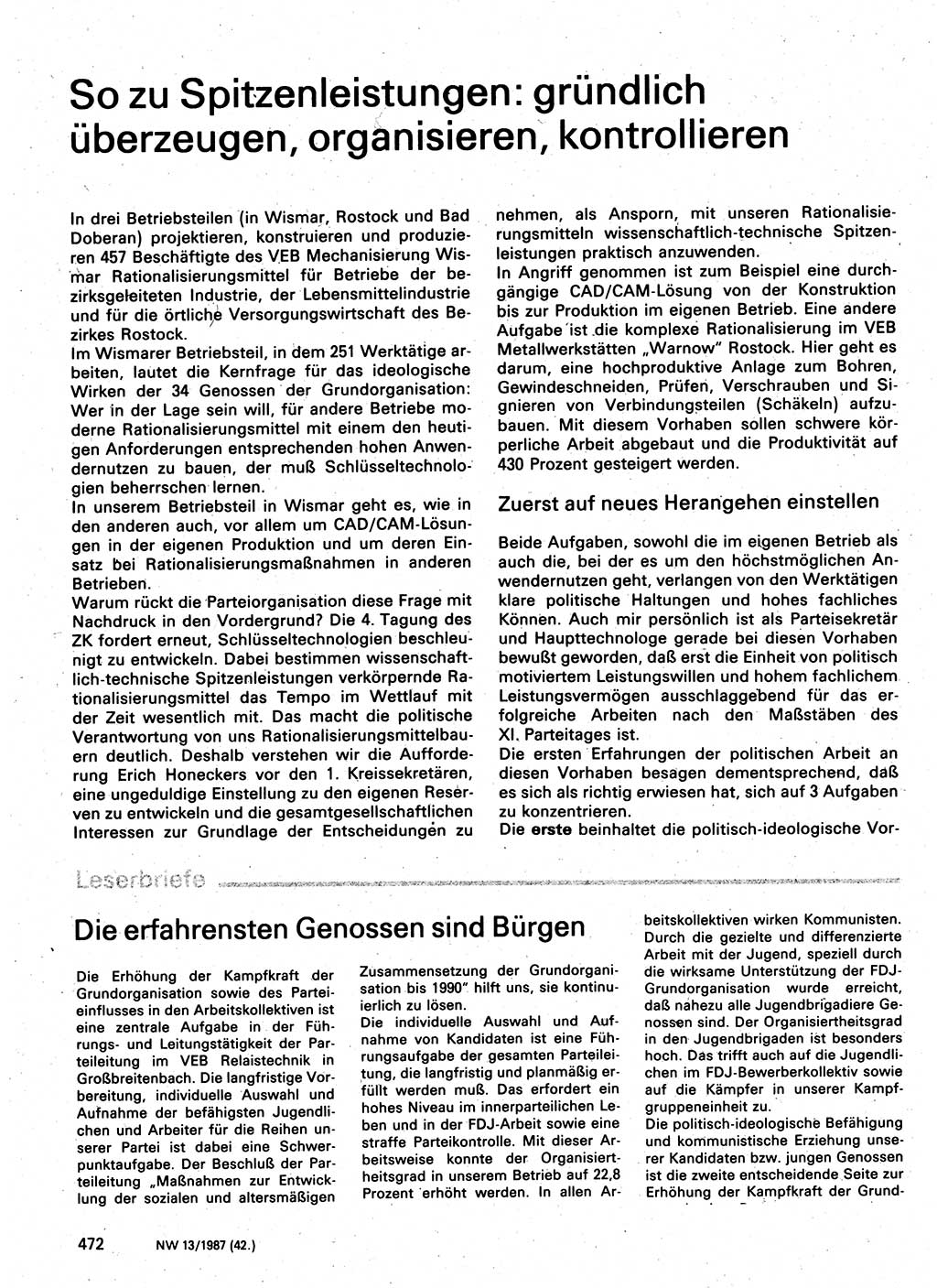 Neuer Weg (NW), Organ des Zentralkomitees (ZK) der SED (Sozialistische Einheitspartei Deutschlands) für Fragen des Parteilebens, 42. Jahrgang [Deutsche Demokratische Republik (DDR)] 1987, Seite 472 (NW ZK SED DDR 1987, S. 472)