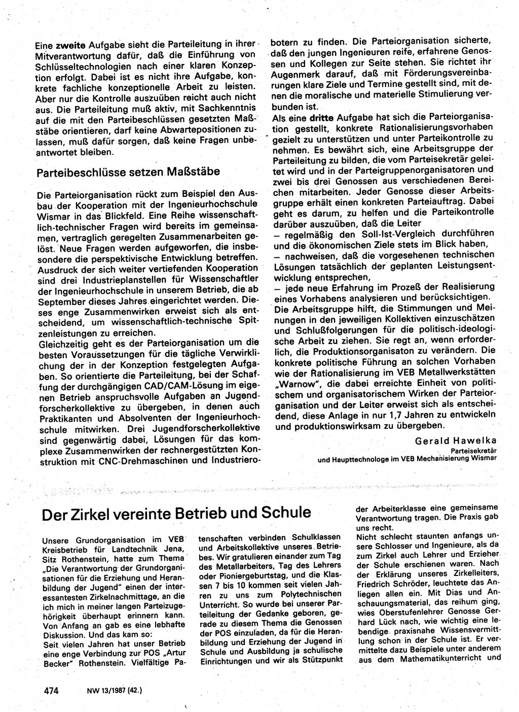 Neuer Weg (NW), Organ des Zentralkomitees (ZK) der SED (Sozialistische Einheitspartei Deutschlands) für Fragen des Parteilebens, 42. Jahrgang [Deutsche Demokratische Republik (DDR)] 1987, Seite 474 (NW ZK SED DDR 1987, S. 474)