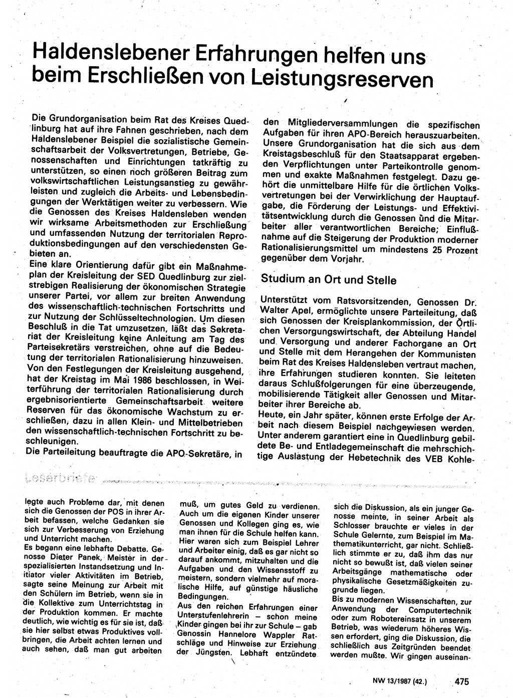 Neuer Weg (NW), Organ des Zentralkomitees (ZK) der SED (Sozialistische Einheitspartei Deutschlands) für Fragen des Parteilebens, 42. Jahrgang [Deutsche Demokratische Republik (DDR)] 1987, Seite 475 (NW ZK SED DDR 1987, S. 475)