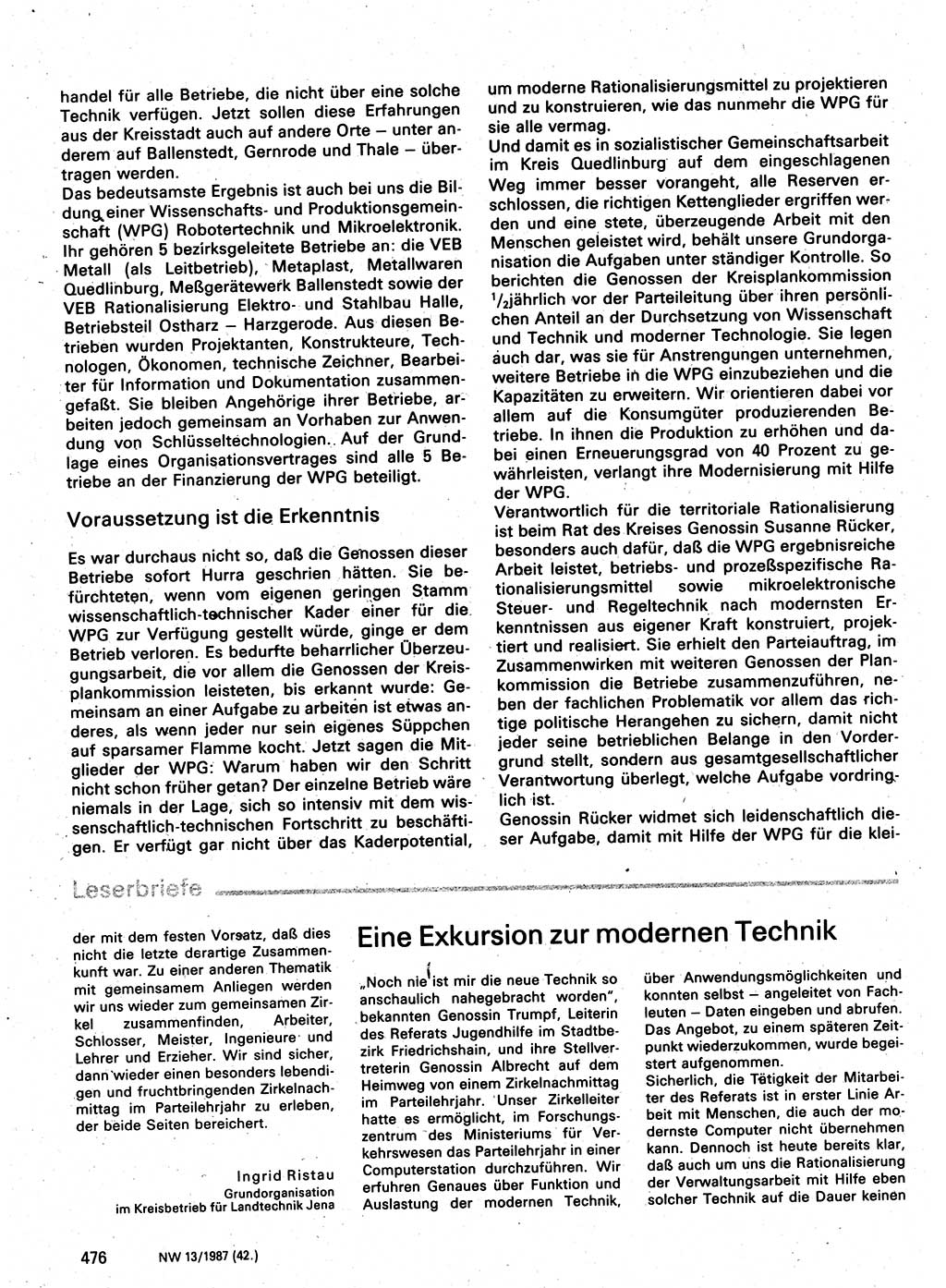Neuer Weg (NW), Organ des Zentralkomitees (ZK) der SED (Sozialistische Einheitspartei Deutschlands) für Fragen des Parteilebens, 42. Jahrgang [Deutsche Demokratische Republik (DDR)] 1987, Seite 476 (NW ZK SED DDR 1987, S. 476)