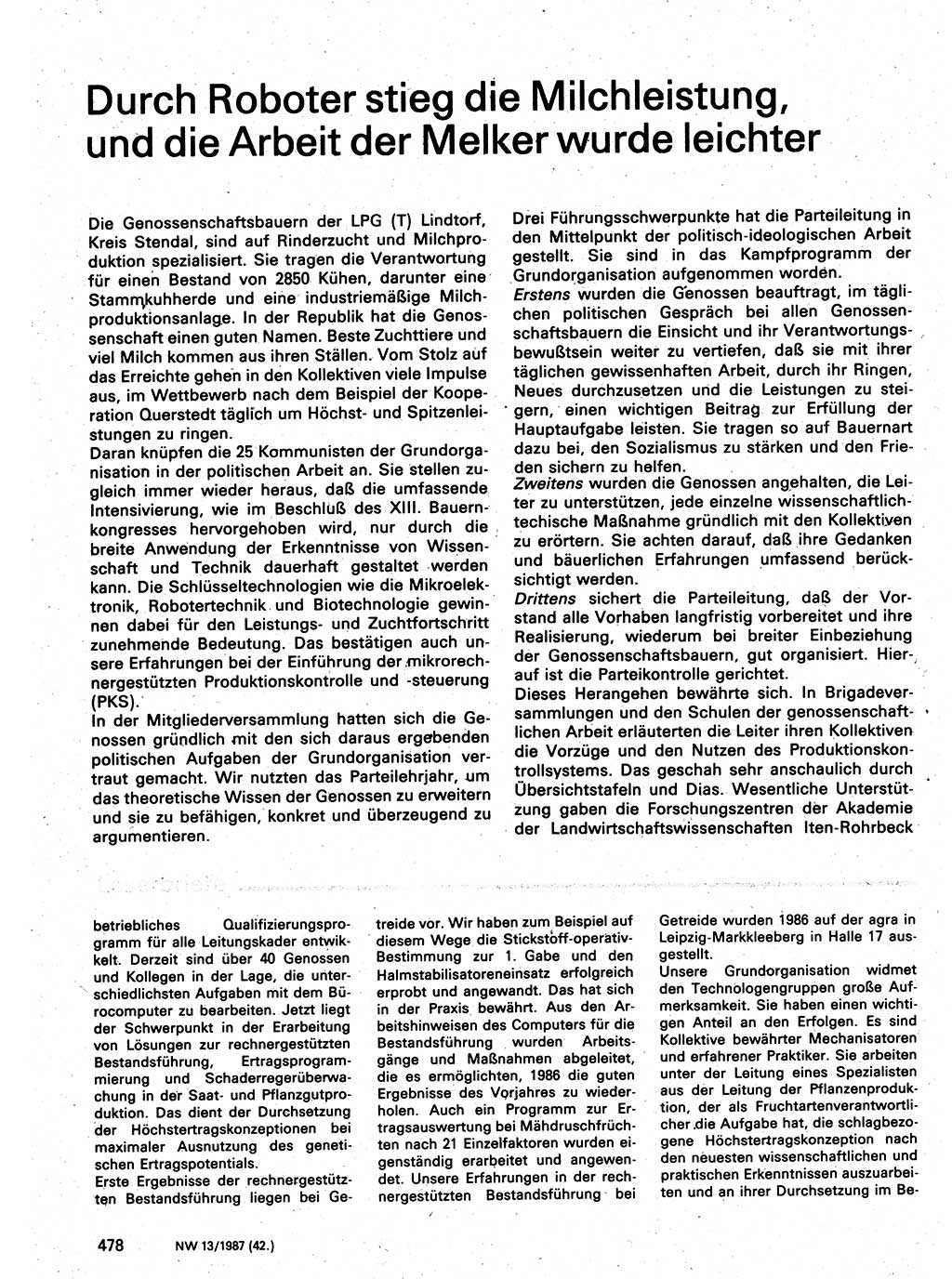 Neuer Weg (NW), Organ des Zentralkomitees (ZK) der SED (Sozialistische Einheitspartei Deutschlands) für Fragen des Parteilebens, 42. Jahrgang [Deutsche Demokratische Republik (DDR)] 1987, Seite 478 (NW ZK SED DDR 1987, S. 478)