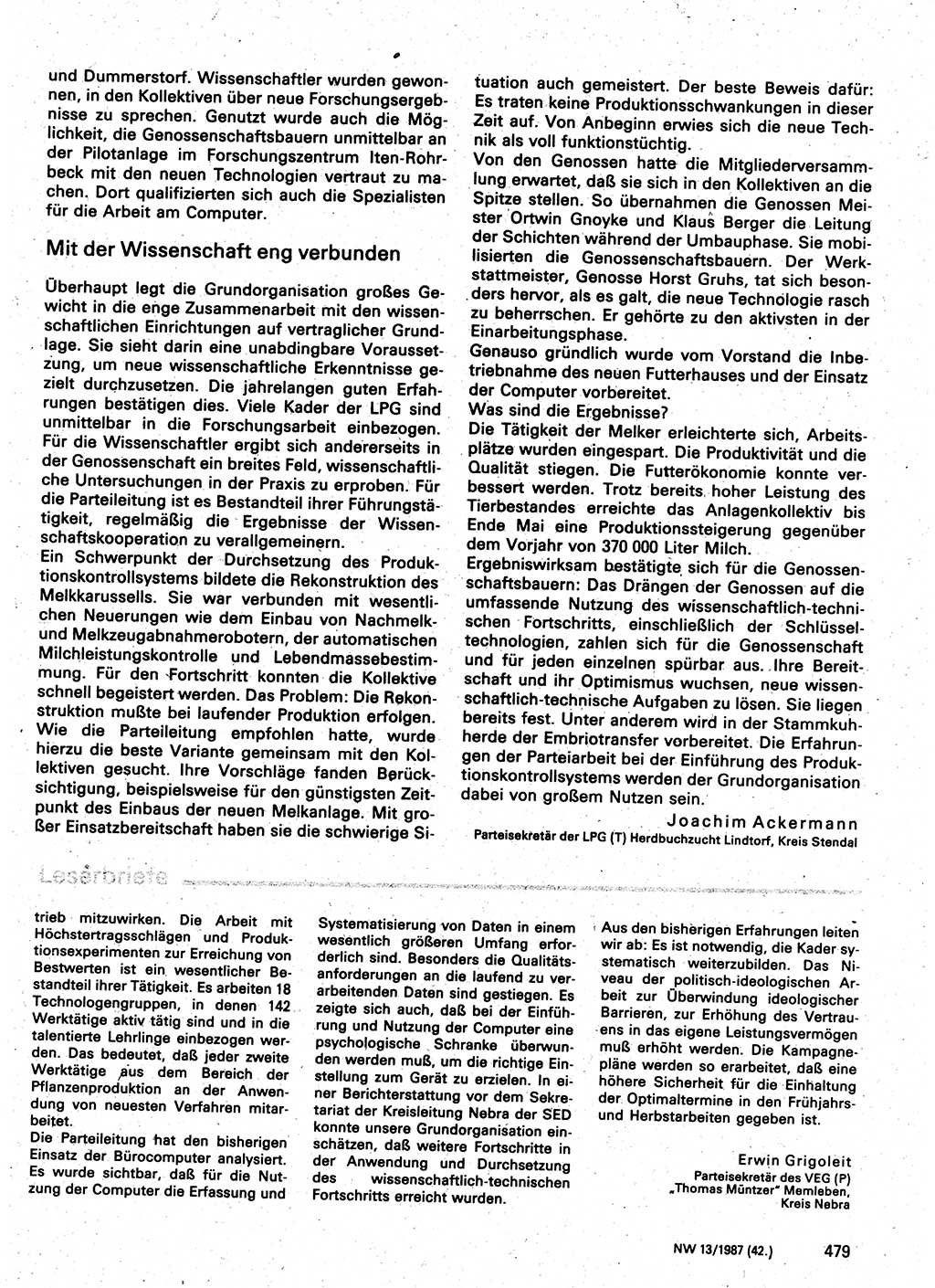 Neuer Weg (NW), Organ des Zentralkomitees (ZK) der SED (Sozialistische Einheitspartei Deutschlands) für Fragen des Parteilebens, 42. Jahrgang [Deutsche Demokratische Republik (DDR)] 1987, Seite 479 (NW ZK SED DDR 1987, S. 479)