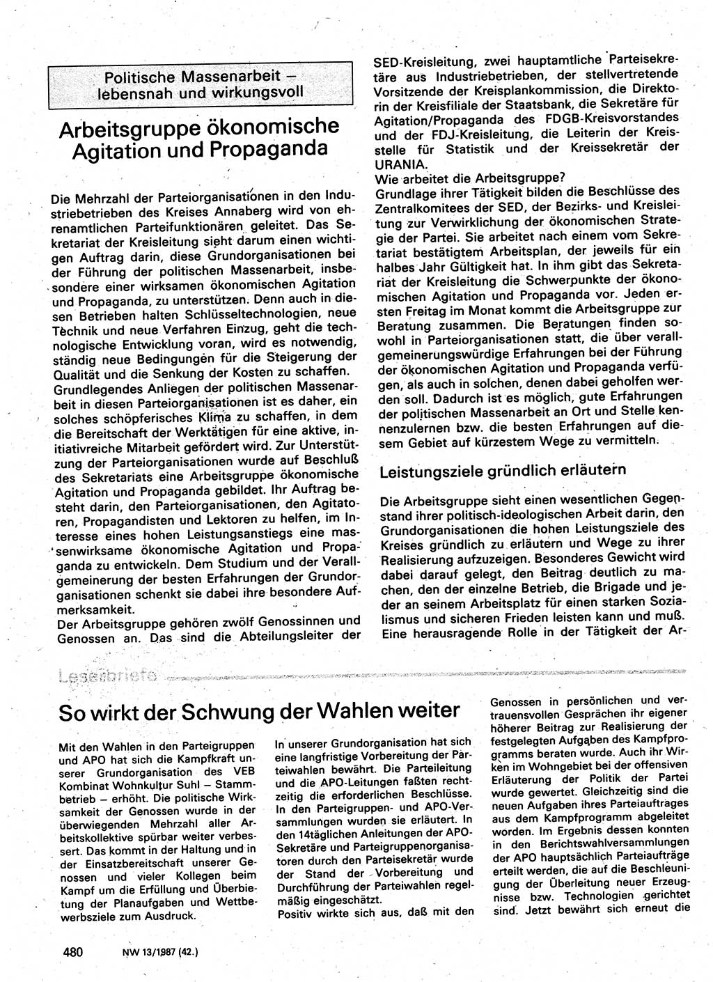 Neuer Weg (NW), Organ des Zentralkomitees (ZK) der SED (Sozialistische Einheitspartei Deutschlands) für Fragen des Parteilebens, 42. Jahrgang [Deutsche Demokratische Republik (DDR)] 1987, Seite 480 (NW ZK SED DDR 1987, S. 480)
