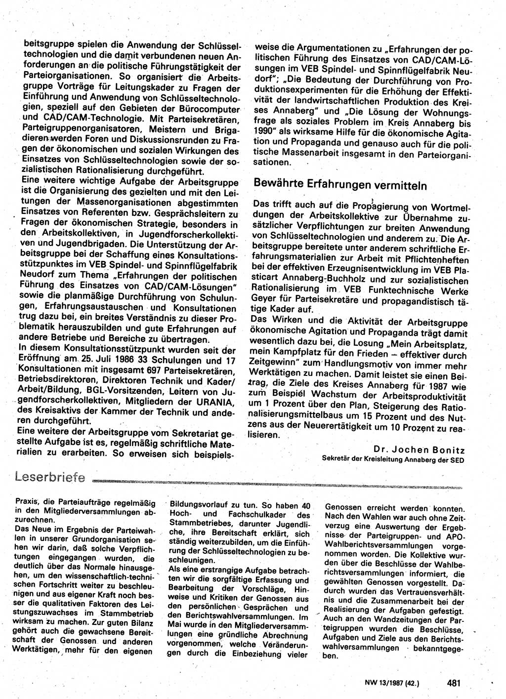Neuer Weg (NW), Organ des Zentralkomitees (ZK) der SED (Sozialistische Einheitspartei Deutschlands) für Fragen des Parteilebens, 42. Jahrgang [Deutsche Demokratische Republik (DDR)] 1987, Seite 481 (NW ZK SED DDR 1987, S. 481)