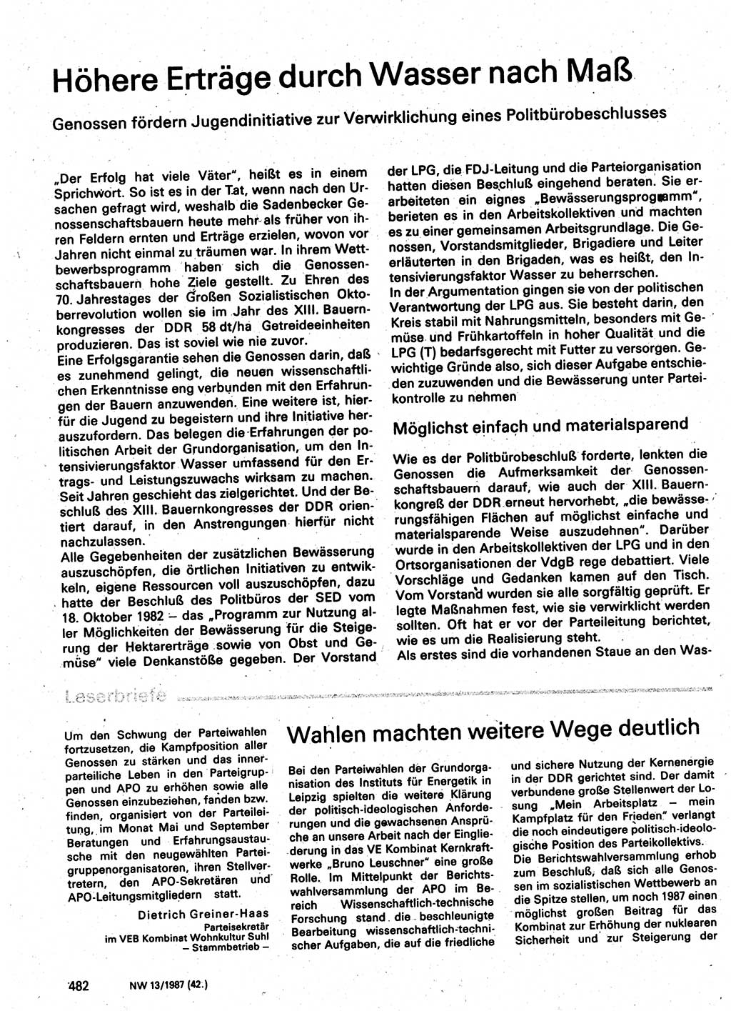 Neuer Weg (NW), Organ des Zentralkomitees (ZK) der SED (Sozialistische Einheitspartei Deutschlands) für Fragen des Parteilebens, 42. Jahrgang [Deutsche Demokratische Republik (DDR)] 1987, Seite 482 (NW ZK SED DDR 1987, S. 482)