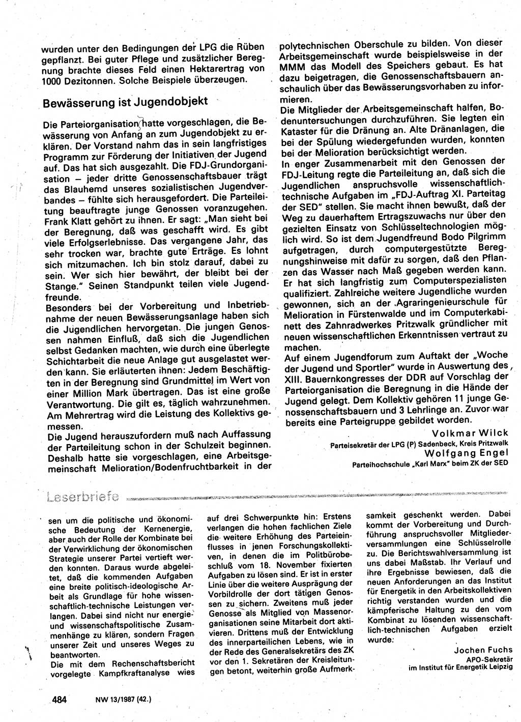 Neuer Weg (NW), Organ des Zentralkomitees (ZK) der SED (Sozialistische Einheitspartei Deutschlands) für Fragen des Parteilebens, 42. Jahrgang [Deutsche Demokratische Republik (DDR)] 1987, Seite 484 (NW ZK SED DDR 1987, S. 484)