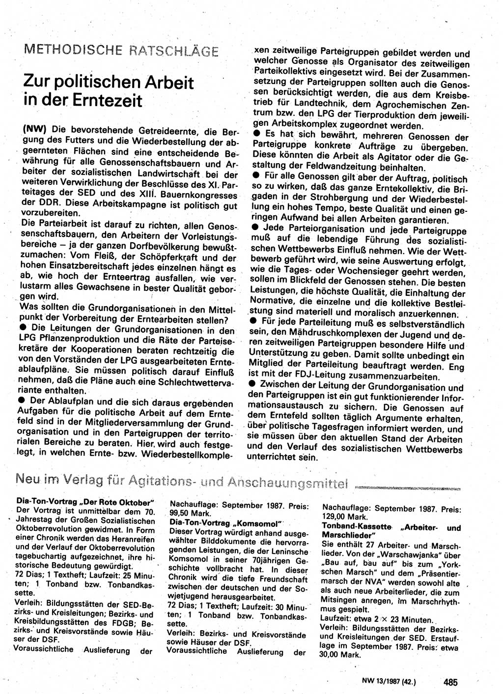 Neuer Weg (NW), Organ des Zentralkomitees (ZK) der SED (Sozialistische Einheitspartei Deutschlands) für Fragen des Parteilebens, 42. Jahrgang [Deutsche Demokratische Republik (DDR)] 1987, Seite 485 (NW ZK SED DDR 1987, S. 485)