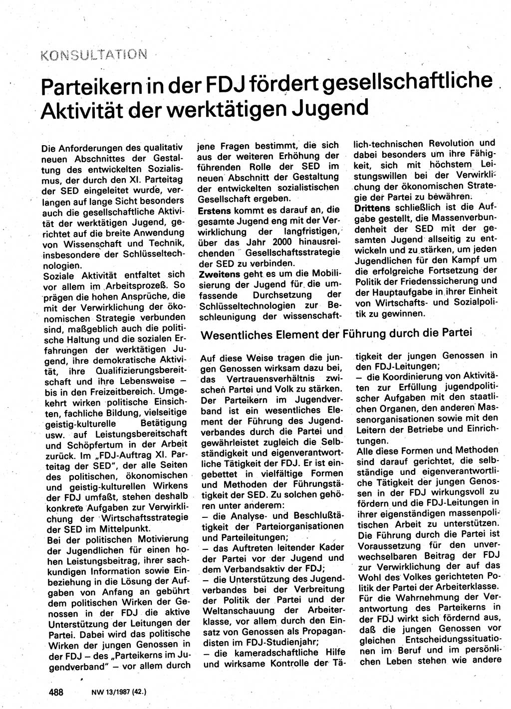 Neuer Weg (NW), Organ des Zentralkomitees (ZK) der SED (Sozialistische Einheitspartei Deutschlands) für Fragen des Parteilebens, 42. Jahrgang [Deutsche Demokratische Republik (DDR)] 1987, Seite 488 (NW ZK SED DDR 1987, S. 488)