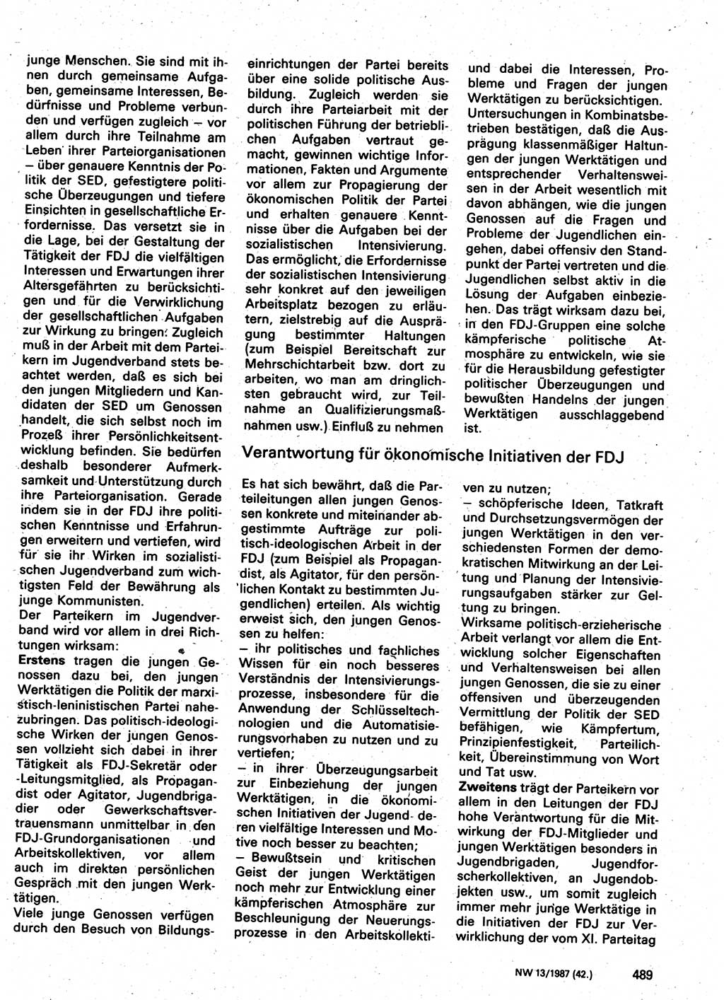 Neuer Weg (NW), Organ des Zentralkomitees (ZK) der SED (Sozialistische Einheitspartei Deutschlands) für Fragen des Parteilebens, 42. Jahrgang [Deutsche Demokratische Republik (DDR)] 1987, Seite 489 (NW ZK SED DDR 1987, S. 489)