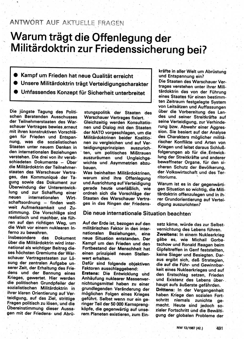 Neuer Weg (NW), Organ des Zentralkomitees (ZK) der SED (Sozialistische Einheitspartei Deutschlands) für Fragen des Parteilebens, 42. Jahrgang [Deutsche Demokratische Republik (DDR)] 1987, Seite 491 (NW ZK SED DDR 1987, S. 491)