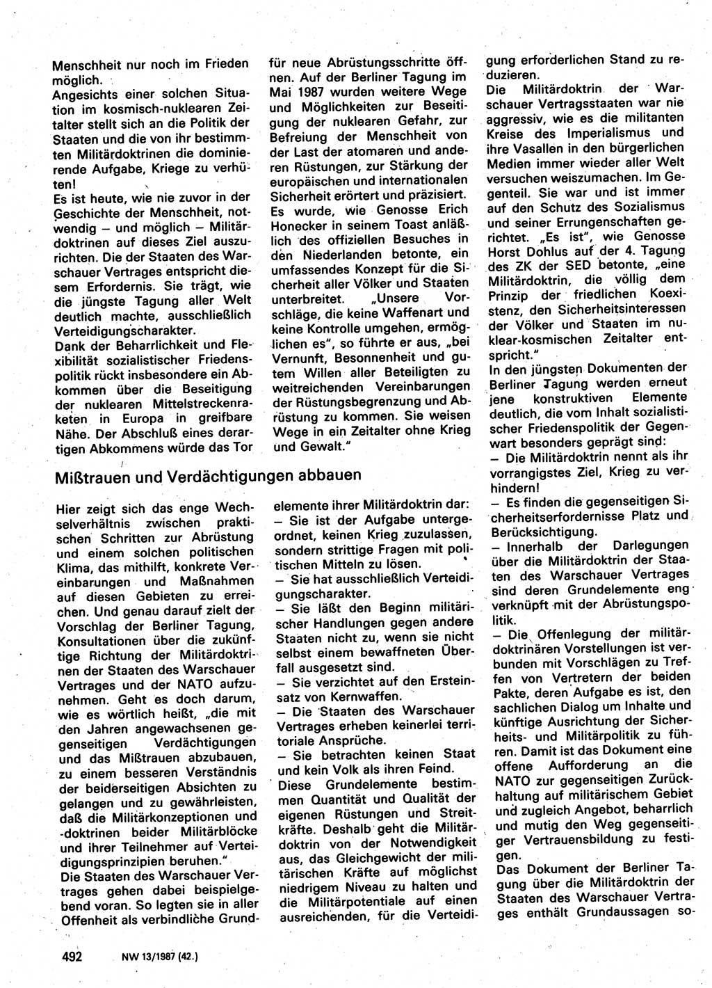Neuer Weg (NW), Organ des Zentralkomitees (ZK) der SED (Sozialistische Einheitspartei Deutschlands) für Fragen des Parteilebens, 42. Jahrgang [Deutsche Demokratische Republik (DDR)] 1987, Seite 492 (NW ZK SED DDR 1987, S. 492)