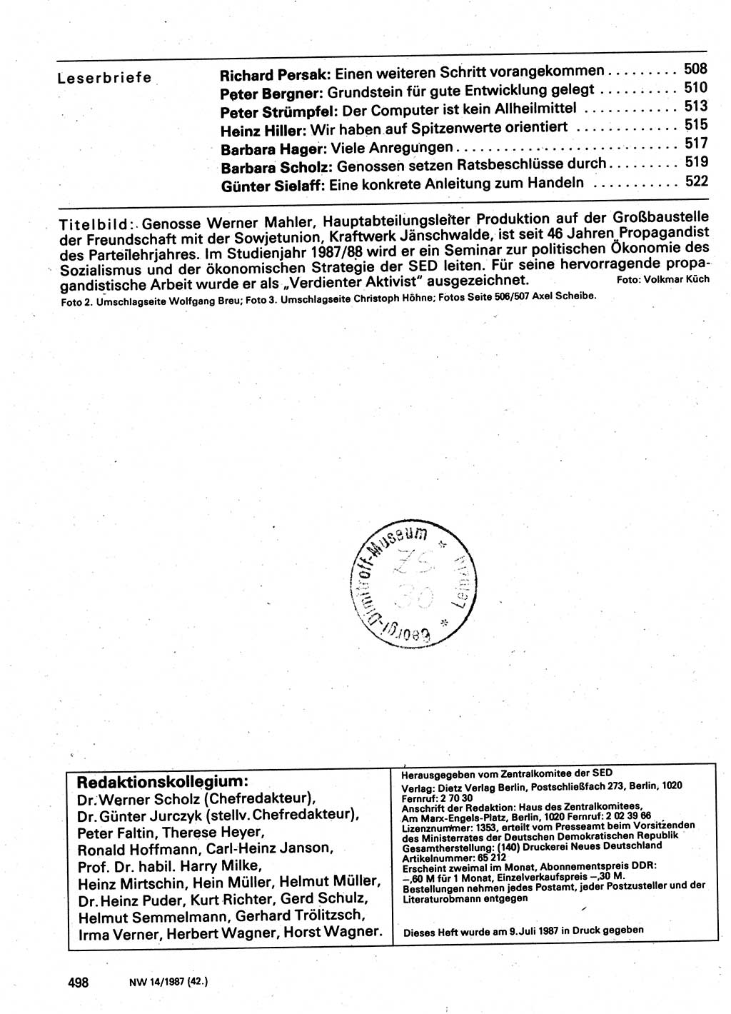 Neuer Weg (NW), Organ des Zentralkomitees (ZK) der SED (Sozialistische Einheitspartei Deutschlands) für Fragen des Parteilebens, 42. Jahrgang [Deutsche Demokratische Republik (DDR)] 1987, Seite 498 (NW ZK SED DDR 1987, S. 498)