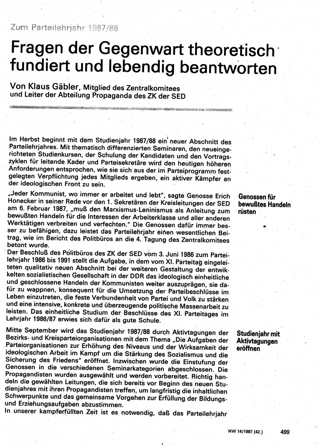 Neuer Weg (NW), Organ des Zentralkomitees (ZK) der SED (Sozialistische Einheitspartei Deutschlands) für Fragen des Parteilebens, 42. Jahrgang [Deutsche Demokratische Republik (DDR)] 1987, Seite 499 (NW ZK SED DDR 1987, S. 499)
