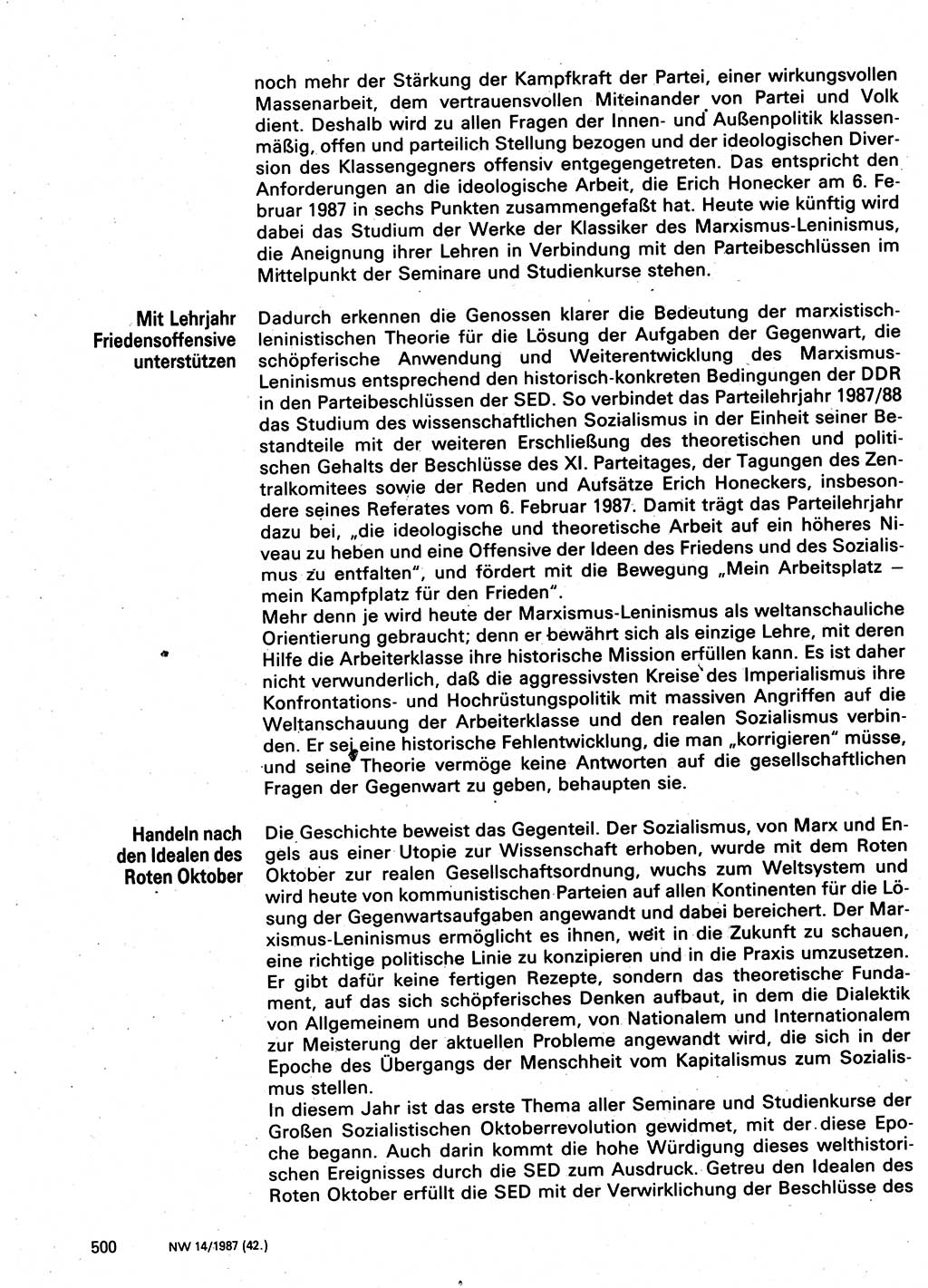 Neuer Weg (NW), Organ des Zentralkomitees (ZK) der SED (Sozialistische Einheitspartei Deutschlands) für Fragen des Parteilebens, 42. Jahrgang [Deutsche Demokratische Republik (DDR)] 1987, Seite 500 (NW ZK SED DDR 1987, S. 500)