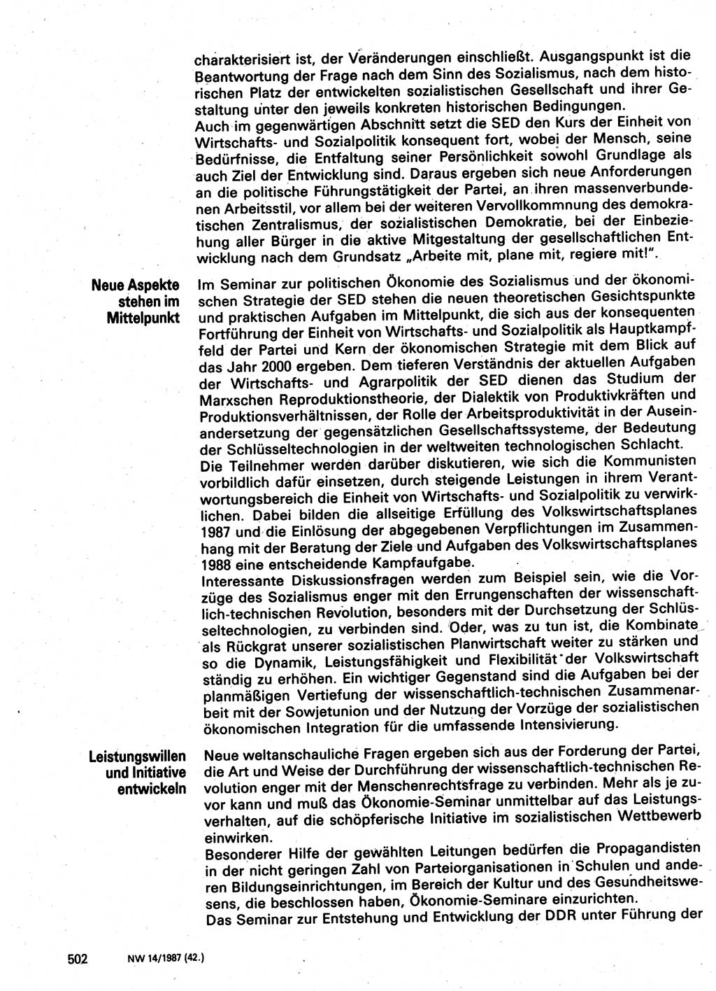 Neuer Weg (NW), Organ des Zentralkomitees (ZK) der SED (Sozialistische Einheitspartei Deutschlands) für Fragen des Parteilebens, 42. Jahrgang [Deutsche Demokratische Republik (DDR)] 1987, Seite 502 (NW ZK SED DDR 1987, S. 502)