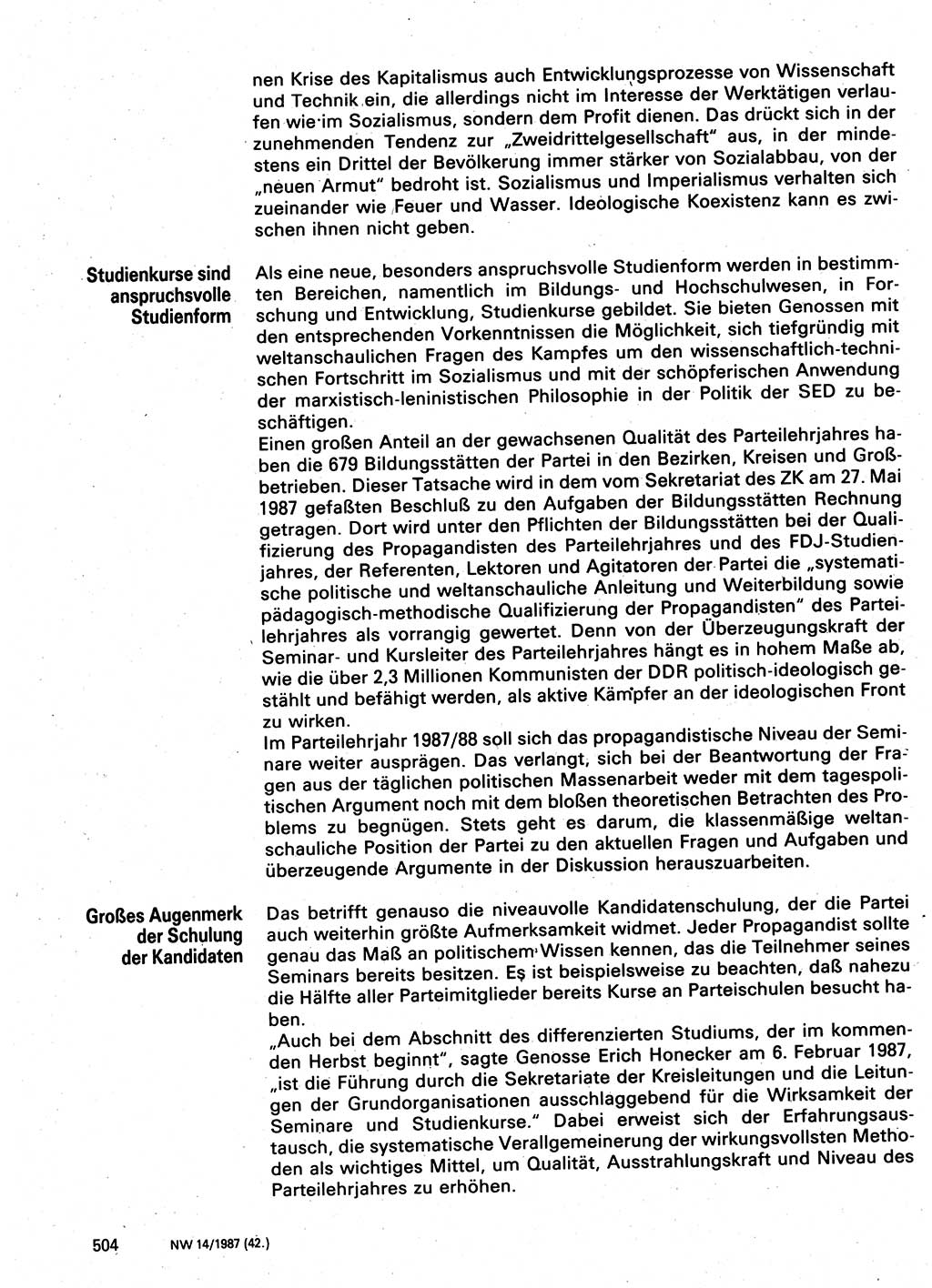 Neuer Weg (NW), Organ des Zentralkomitees (ZK) der SED (Sozialistische Einheitspartei Deutschlands) für Fragen des Parteilebens, 42. Jahrgang [Deutsche Demokratische Republik (DDR)] 1987, Seite 504 (NW ZK SED DDR 1987, S. 504)
